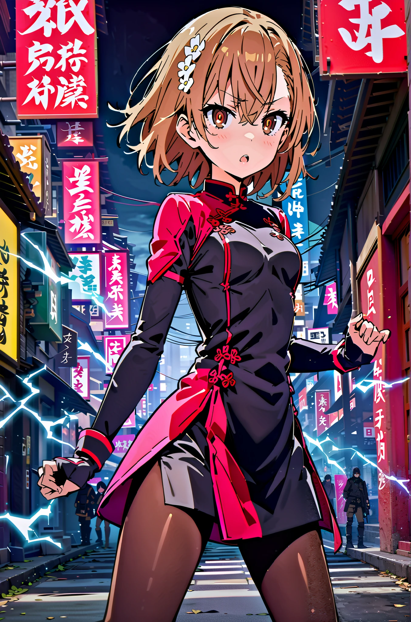 score_9, score_8_up, score_7_up, source_anime,
Mikoto and Misaka, Misaka Mikoto , short hair, black cock, hair ornament, hair flower, brown eyes,serious,open your mouth,electricity ,Superpowers(electricity ity),Electric current is emitted from the body ,cosplay, ,That's right., open your mouth, White Chinese clothing,Long slit,black pantyhose,boots,is standing, combat posture,full bodyがillustrationに入るように,break outdoors, Chinatown,
break looking at viewer,full body,
break (masterpiece:1.2), best quality, high resolution, Unity 8k Wallpaper, (illustration:0.8), (beautiful detailed eyes:1.6), very detailed face, so that it fits into the illustration, extremely detailed CG, (perfect hand, perfect anatomy),