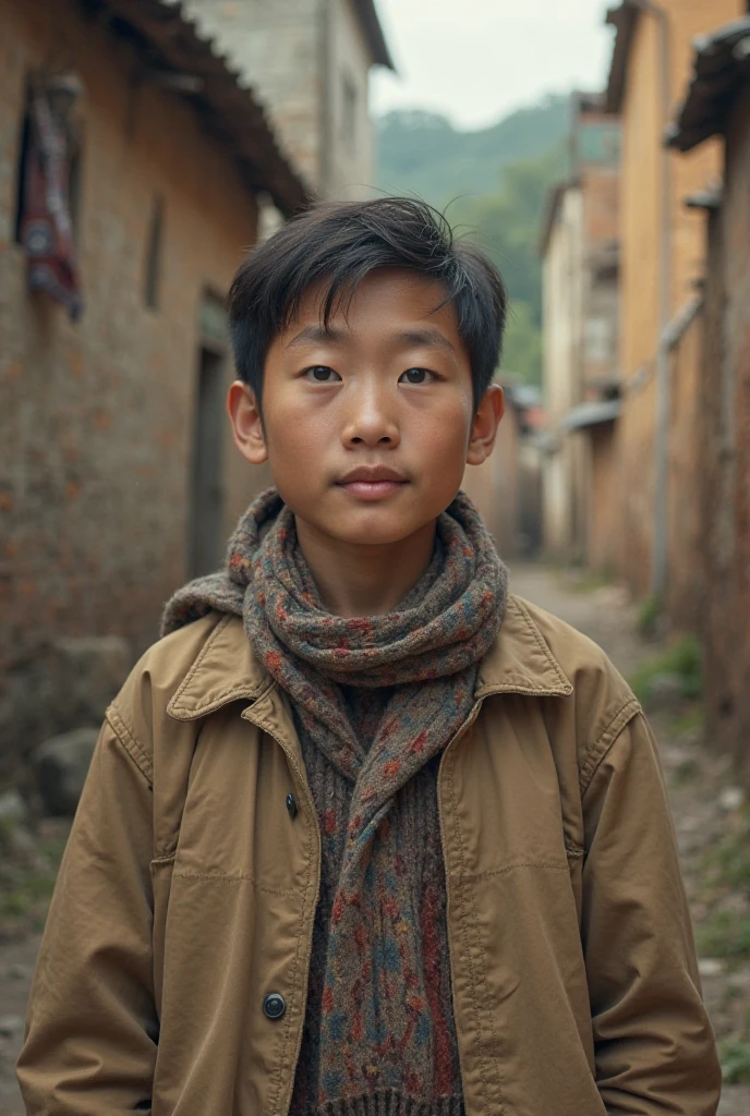 Close-up photo of a young Chinese boy in a poor mountainous area（（Wear shabby clothes）），（having fun），1girll，独奏，Black messy hair，very vey very detailed face，beautidful eyes，[Chubby]，adolable，Ruddy cheeks，brightly，Sad eyes，Breathtakingly beautiful，（Rembrandt lighting），ZEISS lens，Ultra photo realsisim，（highdetailskin：1.2），8K  UHD，digital SLR camera，Dramatic edge light，high qulity，Fujifilm XT3，