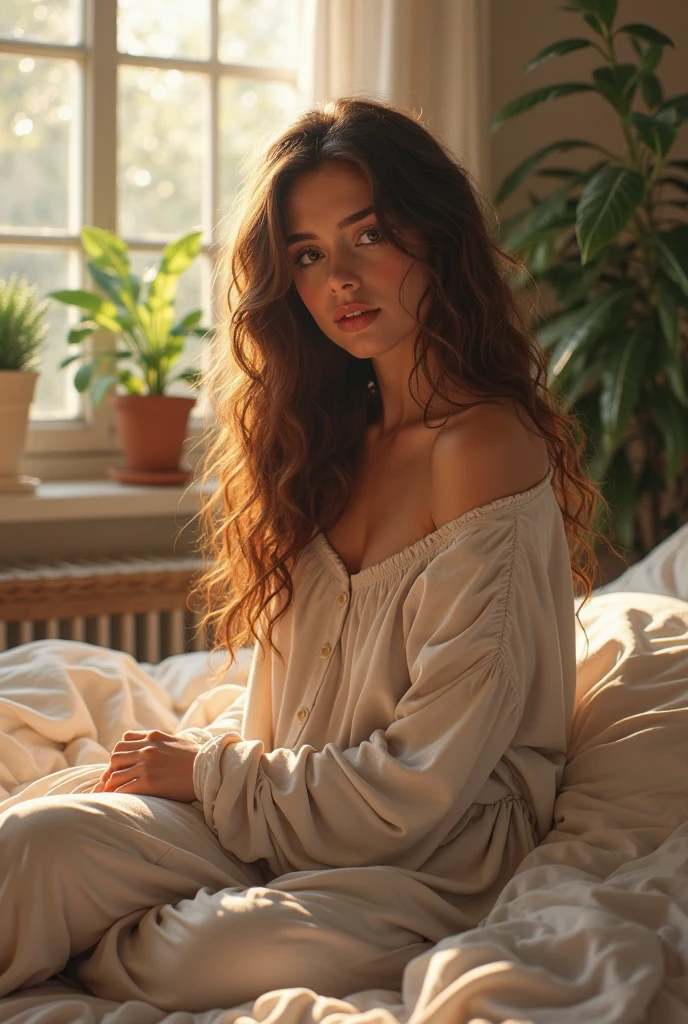 (photorealism:1.2), beautiful woman, sitting on bed, wearing loose off-shoulder top, pajama pants, long curly hair, indoors, soft lighting, plants in background, window with sunlight, cozy room, relaxed pose, realistic, intricate details, warm colors, by Greg Rutkowski, by Alphonse Mucha