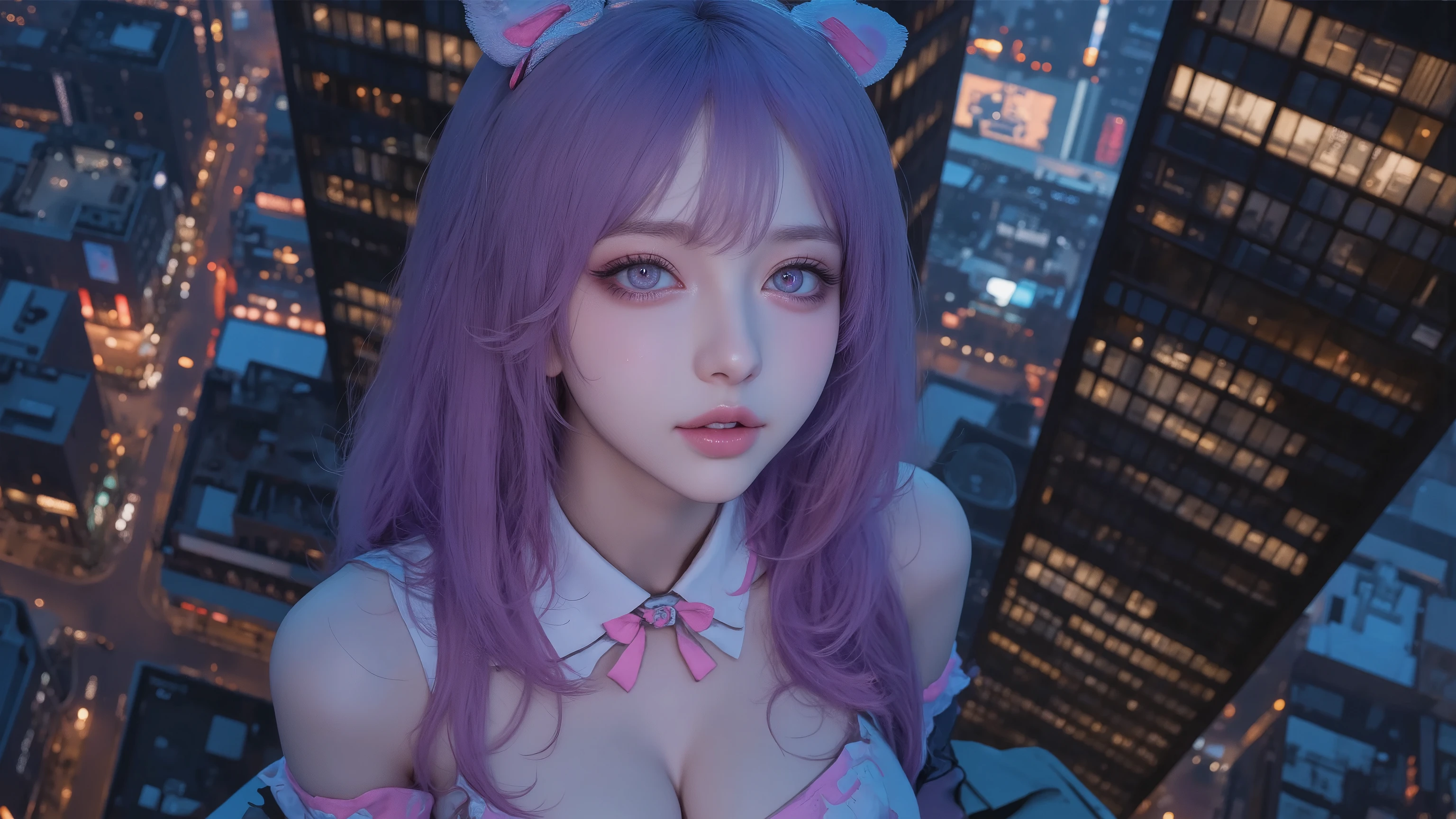 High quality professional photography,realistic, an Asian girl ,fair face,big purple eyes,vivid and realistic facial details,Wearing Hatsune Miku's costume,Standing on the roof of a tall building in the city,Drone captures the girl's full body,Night view of the city is huge and spectacular,Overhead compositional perspective,4k HD,Super Details,Photoreal,Realism,professional-grade photo,Natural light,soft light and shadow,Blue-purple hue,Dreamy atmosphere