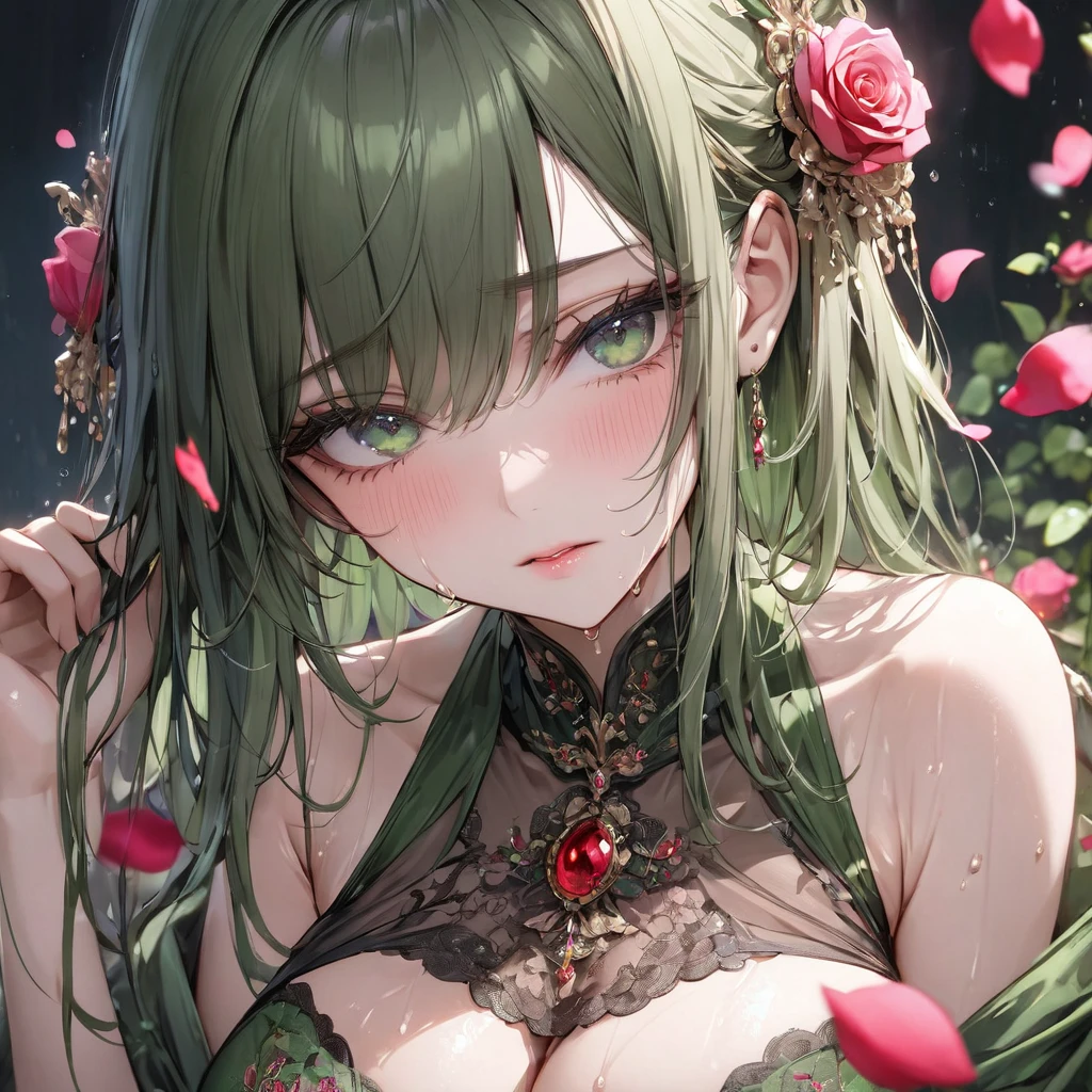 ((Ultra-detailed)), (top-quality),((masutepiece)), ((Super exciting)), ((8K)), ((1080p)), ((extremely clear)), ((Very sophisticated)), ((Anime Graphics)) ((Anime quality)), ((Anime Illustration)), ((Perfect Lighting)), ((Glowing skin)), ((。.3D)), ((Upper body)), ((Perfect Anatomy)), ((Solo)), ((girl with)), ((Dark green hair)), ((Short hair:1.5)), ((Ahoge)), ((slanted eye)), ((emerald eyes:1.2)), (Double eyelids), ((long eyelashes)), ((Thin eyebrows)), ((Slender body)), ((Detailed face description)), ((Realistic skin texture)), ((depth of fields)), ((Attractive makeup)), ((Rose Earrings)), ((rose necklace:1.5)), (closes mouth), (Look at viewers), (Bright background), ((Rose background)), ((roses)), ((rose accessory)), (Rose Park), (rose garden),