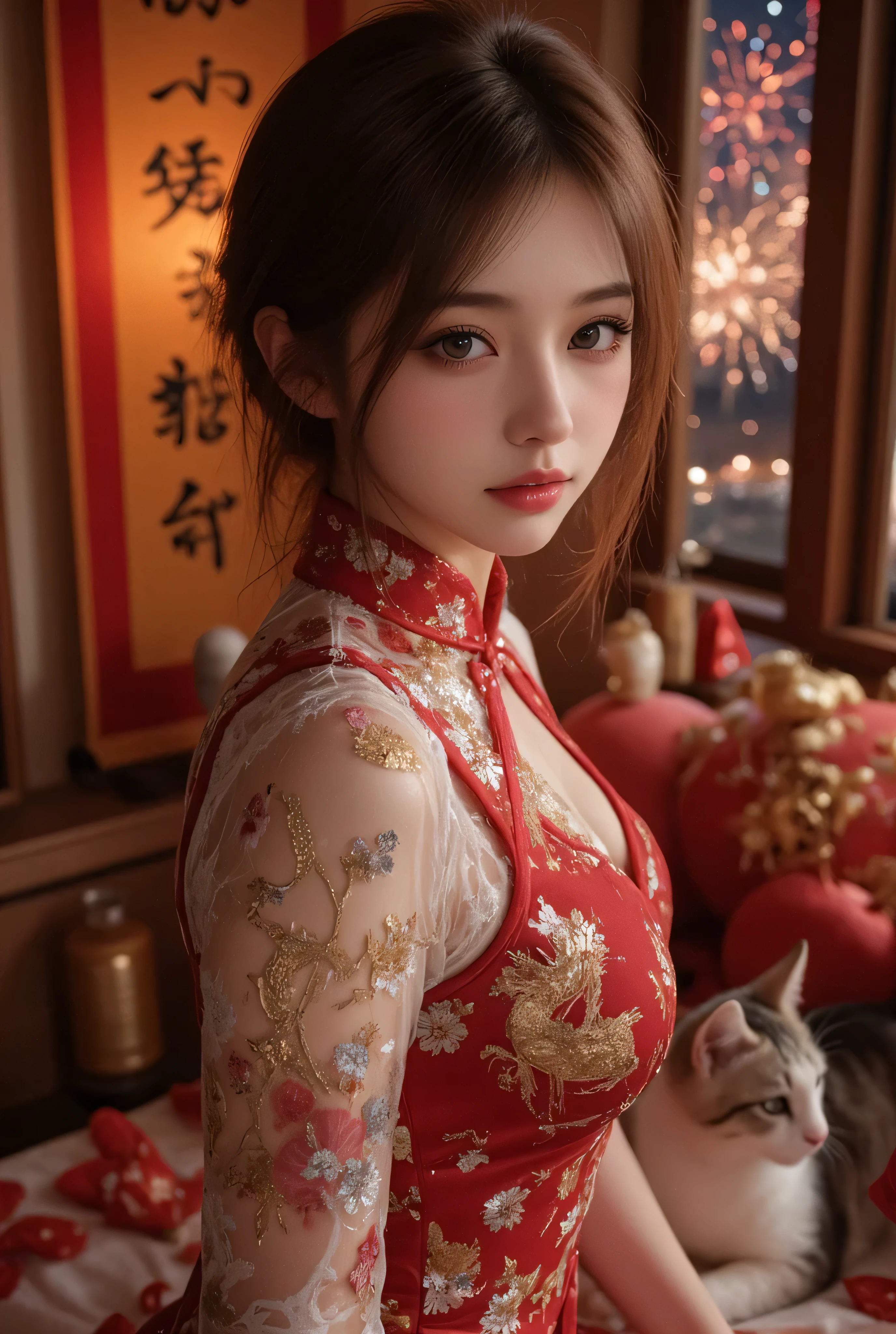 Cat ears、 face up, attractive, pretty girl, ponytail、 (( fine facial features , eroticism)), dramatic lighting , realistic , 8k, Dramatic Shadows , intricate and elaborate patterns , super detailed photo , chiaroscuro lighting , Pleasant colors , deep contrast , super real 、 pink lipstick、 warm room、Vintage Fireplace 、 cinematic composition、Close-up of face, pretty half part transparent open shoulder loose outfits dress, tang style, A beautiful Korean idol wearing a one piece red- black tightly cheongsam with phoenix and intricate floral golden embroidery, golden and silver outline on dress, hand hold pink feathers transparent Chinese fan with golden ink painting of bird and tree , standing gracefully in a room filled with traditional Chinese New Year decorations. The room features vibrant red lanterns, decorative calligraphy scrolls, a small Chinese orange tree with golden ornaments, and several red envelopes scattered across the floor and hanging from the tree. Adorable, playful cats are part of the scene—some sitting near the tree, others curiously pawing at the red envelopes or lounging around. Through a window or an open door in the background, vibrant Chinese fireworks light up the night sky in an array of reds, golds, and blues, casting a magical glow into the room. The idol’s outfit is paired with subtle accessories like red hairpins or earrings, complementing the festive look. The atmosphere is warm and lively, filled with the joyful essence of the celebration, enhanced by the shimmering lights of the fireworks and the lively decor. 1girl,