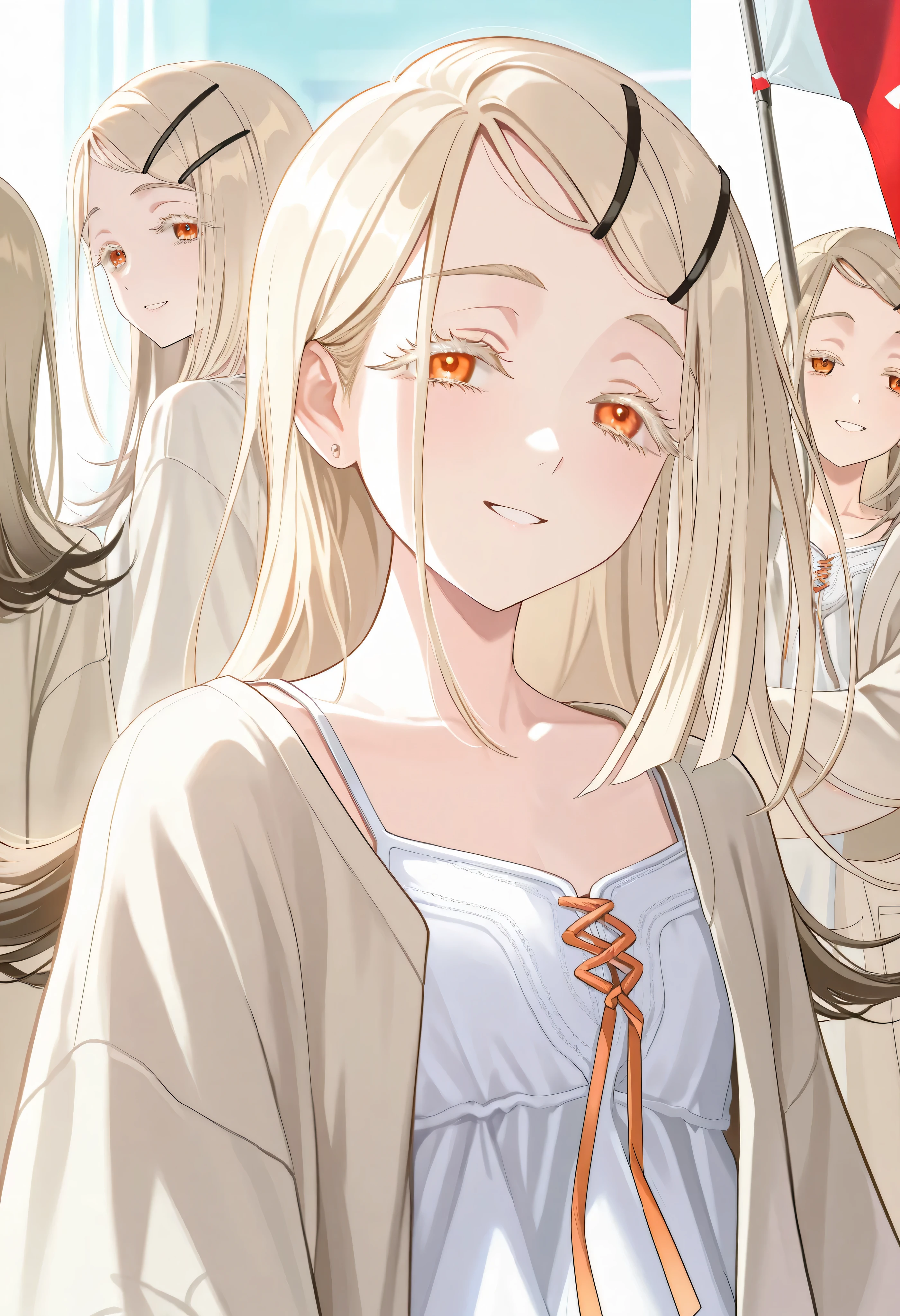  one beautiful girl 、long hair。Shinosawa Hiroslender,orange eyes,,white eyelashes,blonde hair,brown hair,long hair,hairclip,white camisole,,coat,、are smiling at the flag