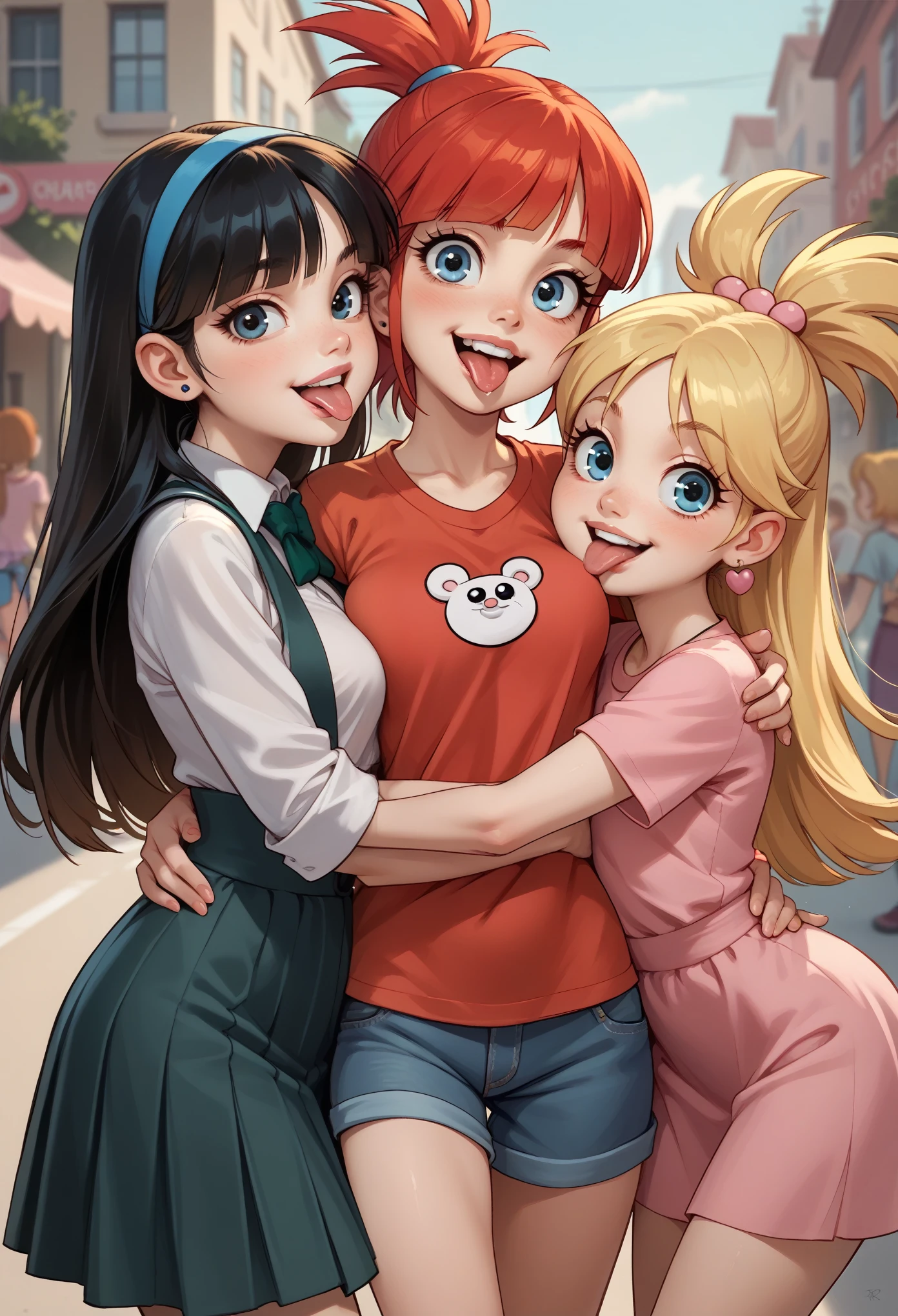 score_9, score_8_up, score_7_up, imaginary, unrealistic, BREAK,3girls, ((powerpuff girls)), short skit, hugging, tongue out,