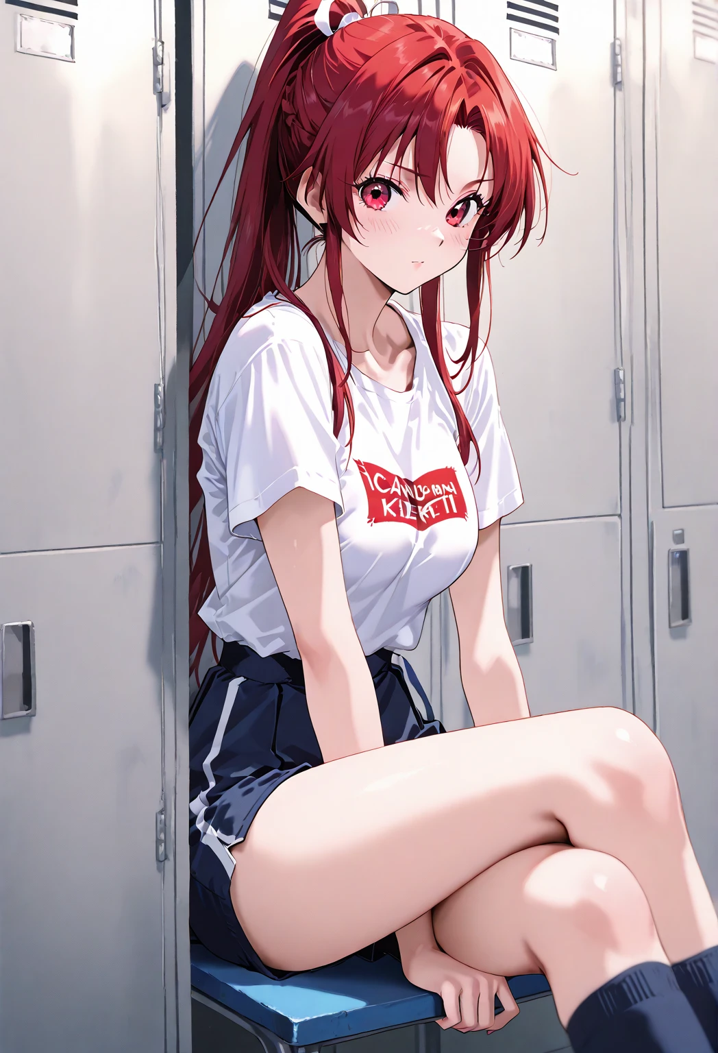 masterpiece, best quality, highres, aanana, long hair, twintails,1girl.solo,(gym uniform,red buruma, white shirt, short sleeves, thighs:1.3),
indoors, locker room,