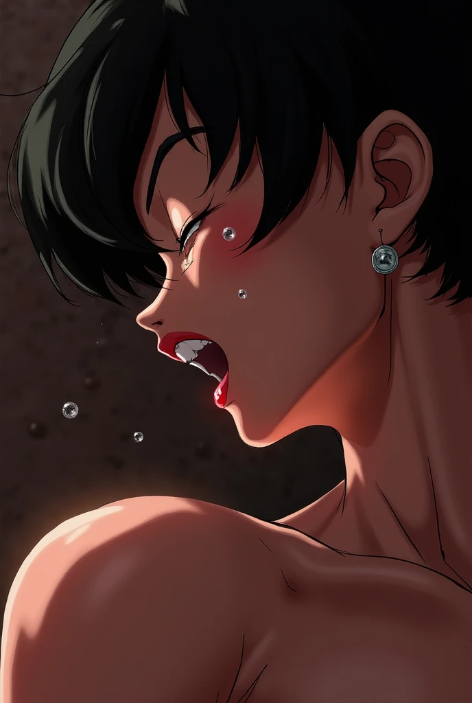 himeno, himeno(Chainsaw Man), 1girl 1boy, mature female, mature, Adult, black hair, short hair, eyepatch, very full lips, injected lips, blowjob lips, blush, aroused, in heat, sweat, Villains, flashing her tits to the viewer, focus on face, curved pose, superdeep, deepthroat, throat fuck, cum, fellatio, side view, looking up, orgasm, throat bulge, jungle, Night, Dark, from side, masterpiece, Top animation quality, Top image quality,