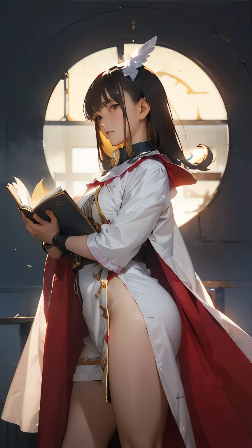 fantasy scene depicting an erotic witch writing a grimoire with her other hand, holding a grimoire in one hand、The other hand holds a quill, thighs, details the expressive part, symmetrical eyes and a calm, Wise expression. her hair flows naturally , the robe hangs down with natural creases, swaying slightly in the style. warm but warm sunlight Emphasize his face, the golden glow enhances the depth of his features. The background is Alchemy Room, which creates a timeless heroic atmosphere. The hands and refer to are carefully detailed, Well-balanced, without distortion, I have Grimoire accurately. illustration is sophisticated, Band Dessinée style one-frame art, Smooth, clean lines and slightly stylized realistic touch. avoid hand deformities and unnatural proportions, refer to, Legs and . make sure the eyes are symmetrical , fully formed, has no distortions or irregularities. 顔の特徴はSmooth均整のとれたものであるべき, with no exaggerated elements. has natural creases on the robe, avoids excessive lines and stretched textures. maintains uniform color and lighting, Make your character stand out with contrast. With illustrations with high quality details, Accurate line drawing, and balanced composition,