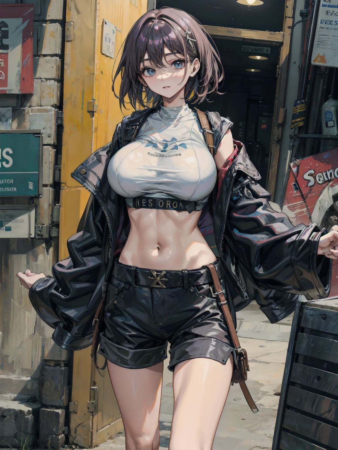 1 girl, solo, red hair, short ponytail, blue eyes, drizzling, sunglasses, roadside, zebra crossing sunglasses, roadside, zebra crossing ,under the lamp post, night, black jacket, vans shorts, black crop top, bare shoulders, necklace, piercings, big boobs,belly tattoo, hand tattoo, rain, wet, umbrella