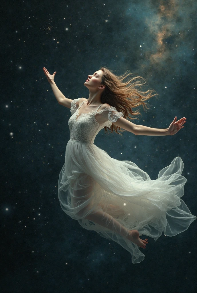 Beautiful woman floating in the night sky