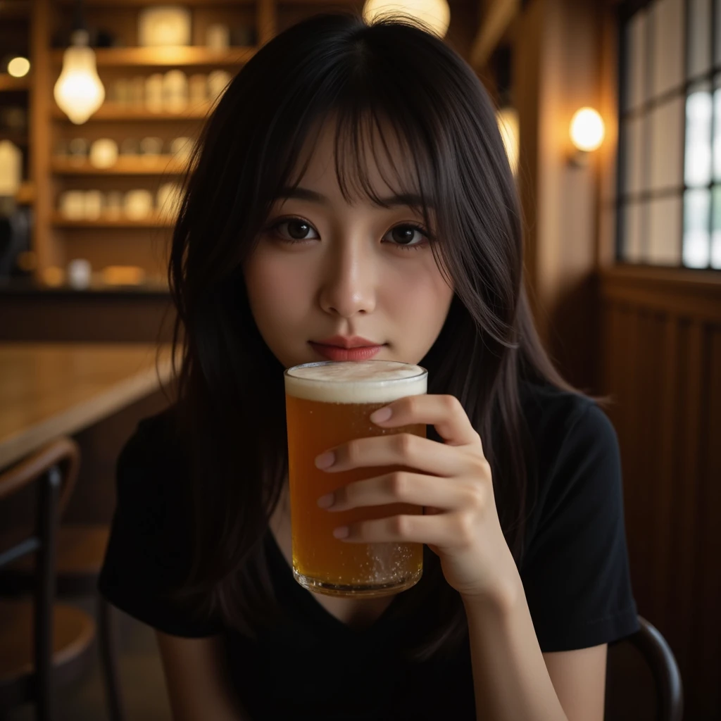 a girl in her mid 20s eating beer in pub