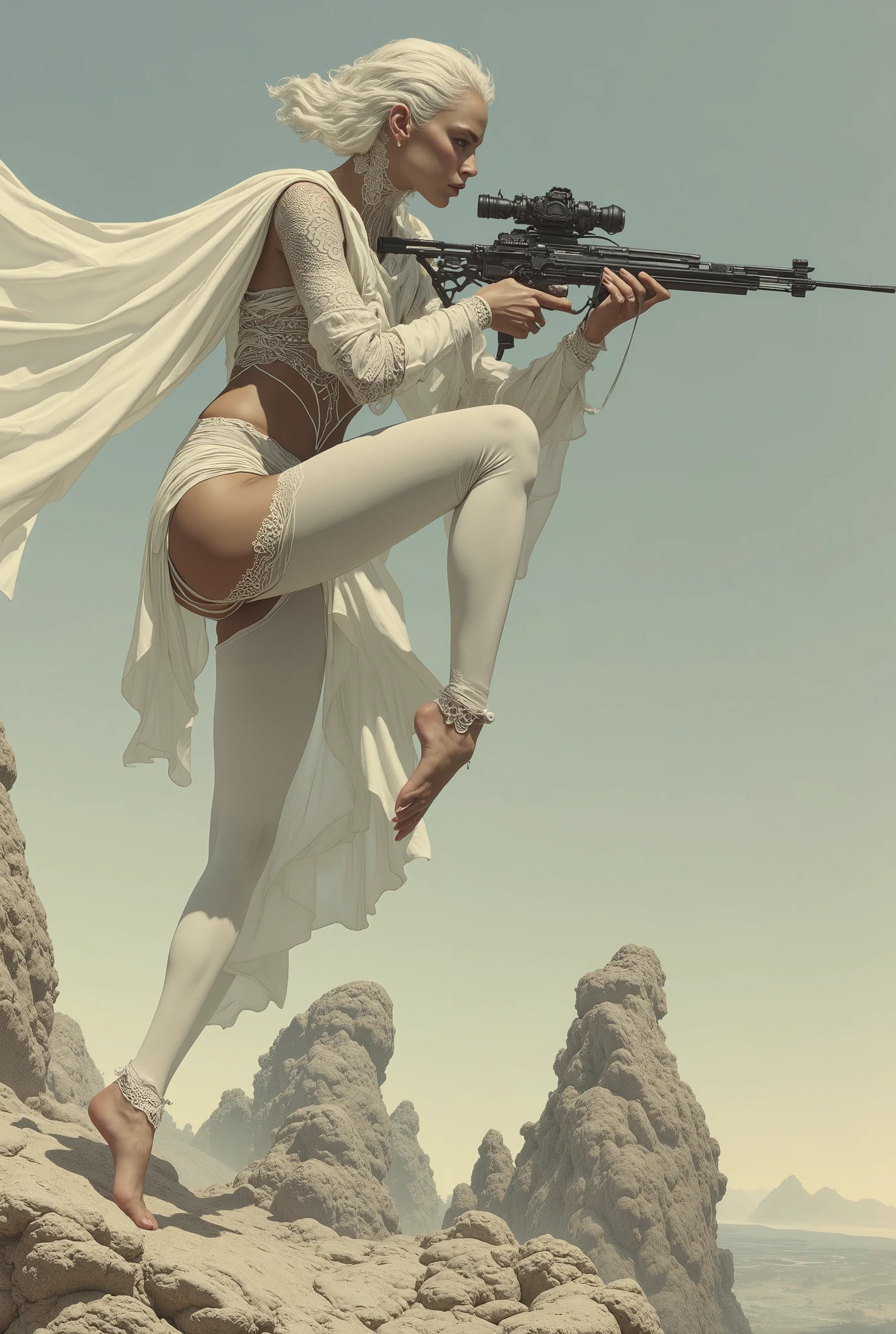 A white waif gaussian silk loincloth bottom and top holding tech sci fi space moon boomerang, in dynamic splits pose aiming at its prey, planet zero, 8k,