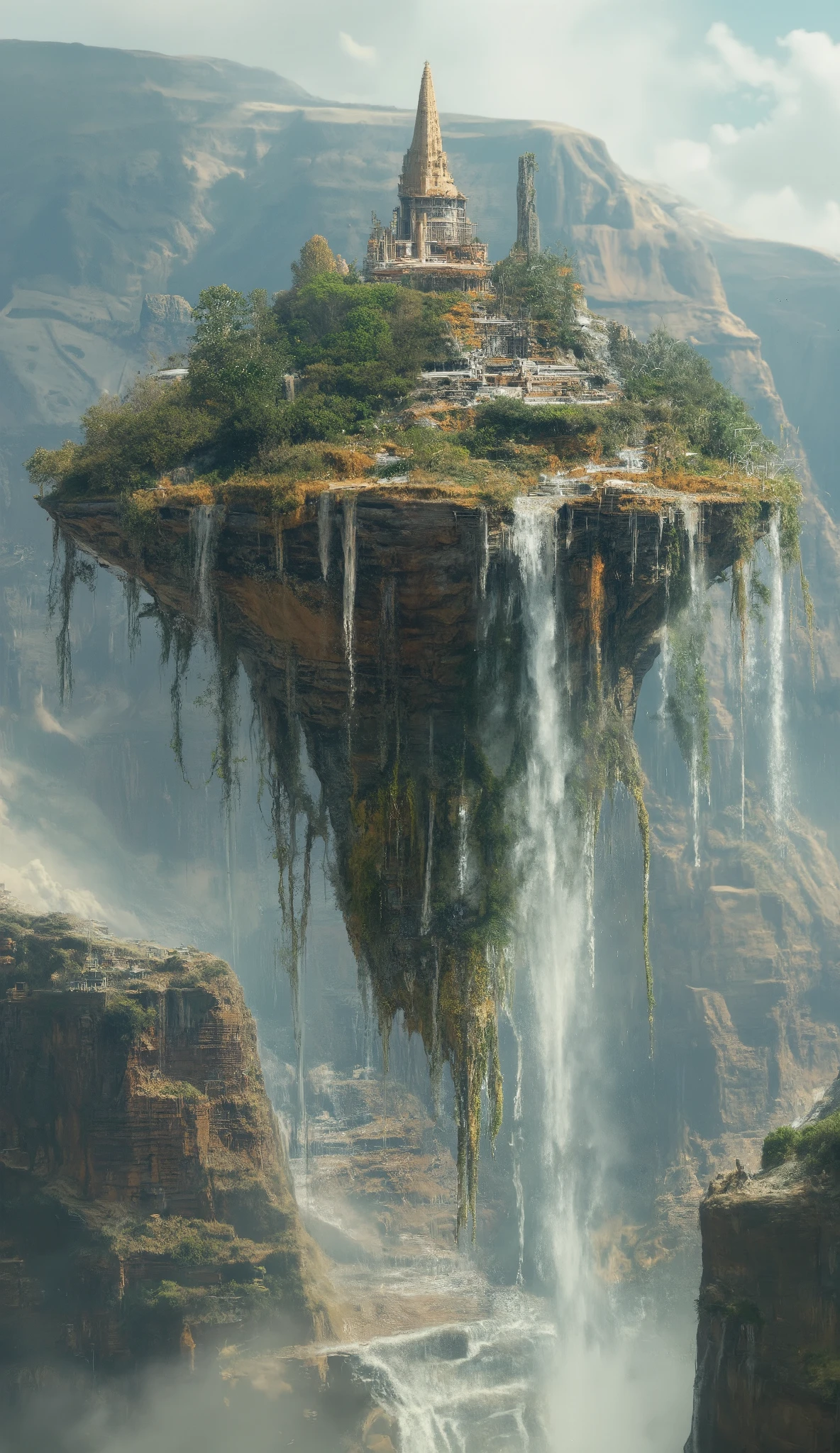 A floating island** – Held aloft by ancient tech or supernatural forces, waterfalls cascading into nothingness.