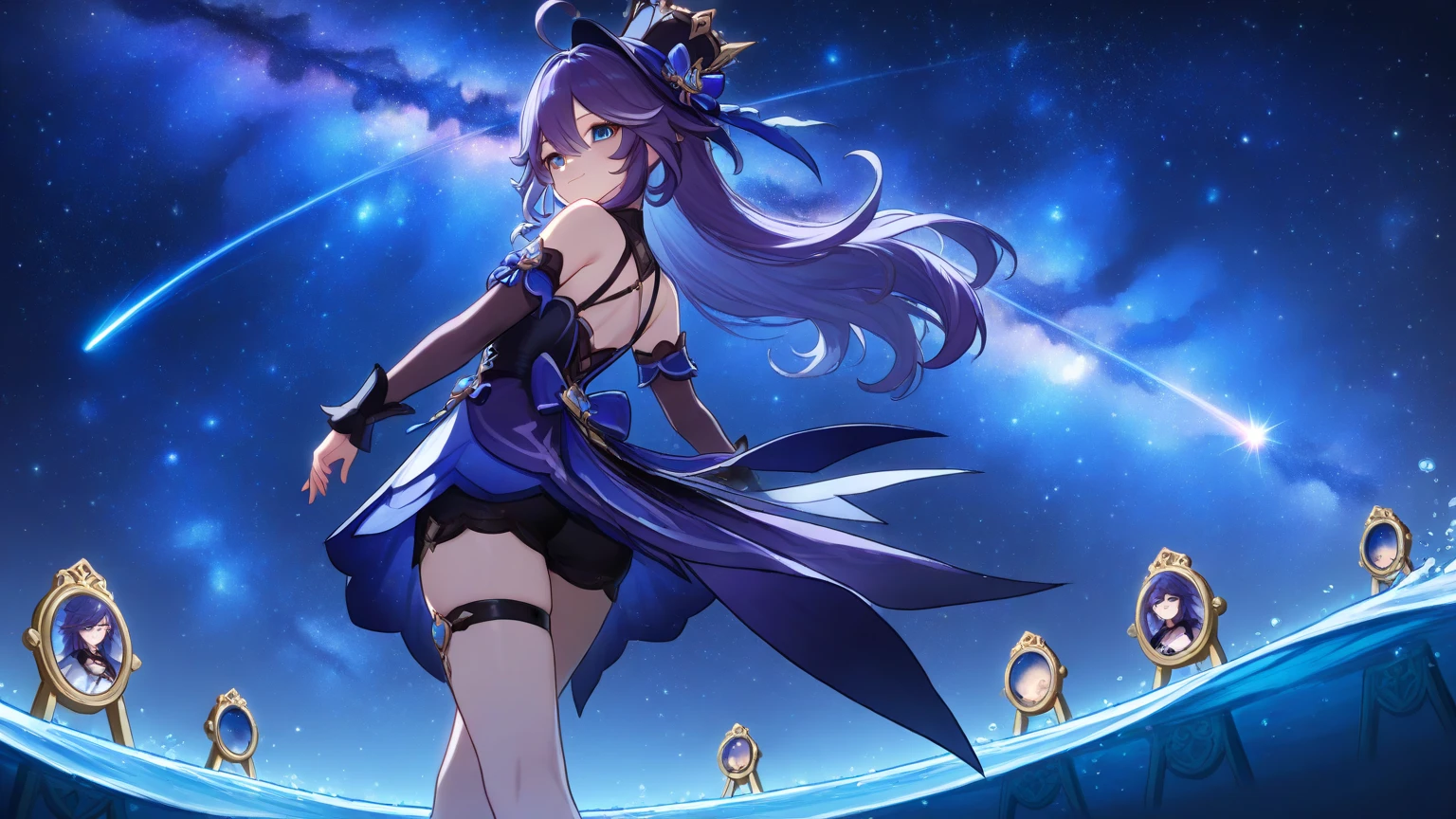 girl, solo, Mona \(Genshin Impact\), choker, hair between eyes, star \(symbol\), long hair, dark purple hair, twintails, blue eyes, shining eyes, earrings, jewelry, witch, maid, bangs, black shoes, purple black dress, purple skirt, white apron, landscape, night sky, star \(sky\), starry sky, night, outdoor, clouds, reflection, water, magic, tarot, water magic, sorceress, fairy, ((beautiful golden crystal star))