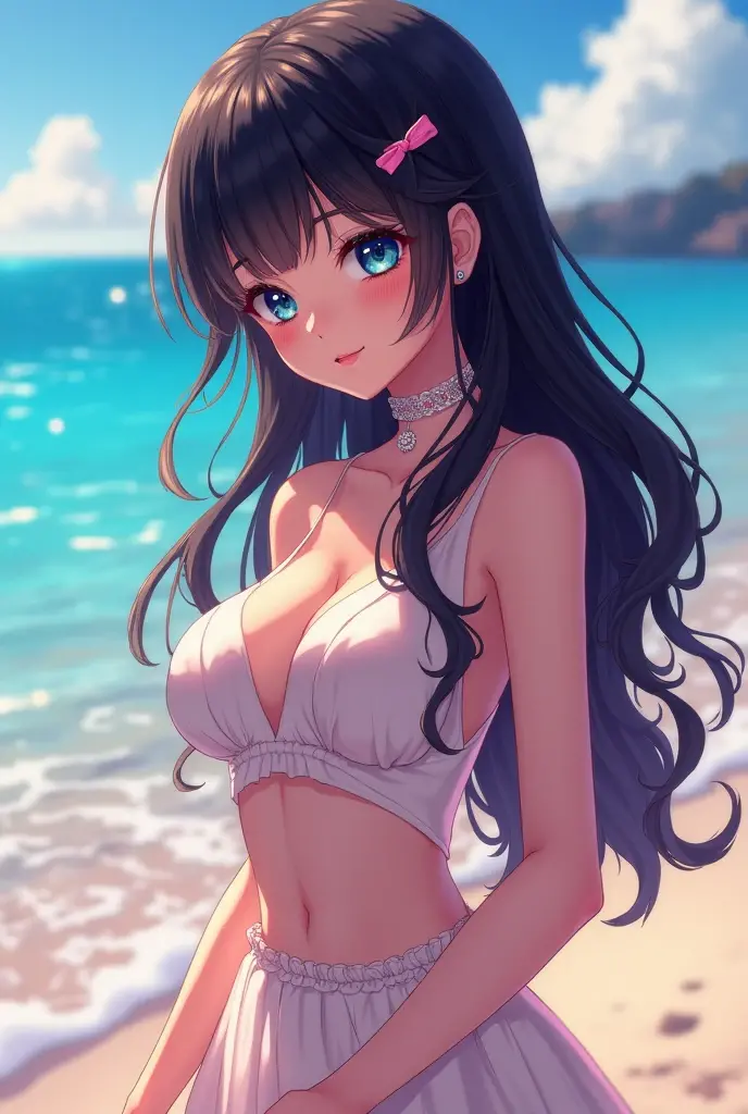 Cute Thai girl with shoulder-length dark shaded hair, blue eyes, He is wearing a tight fitting white shirt with a low neckline. (Bust 38 inches), Sitting on a bed with a sliding glass door behind, 

(Highest quality,4K,8K,High resolution,masterpiece:1.2), Super detailed, (Realistic,photoRealistic,photo-Realistic:1.37), High resolution, 超High resolution, Studio Lighting, Very detailed explanation, Professional, Vibrant colors,, Portraiture, Beach Color.