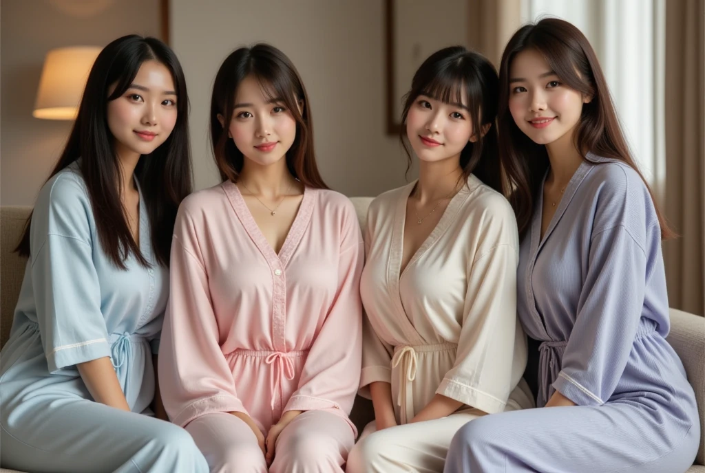 three girls friends, The girls are wearing angelic pajama dresses. A kids room based on pastel colors.. Whispering on the bed, pop frill pillow, pajama party, (highest quality), (masterpiece:1.3), (photorealistic:1.36), (realistic), super detailed,