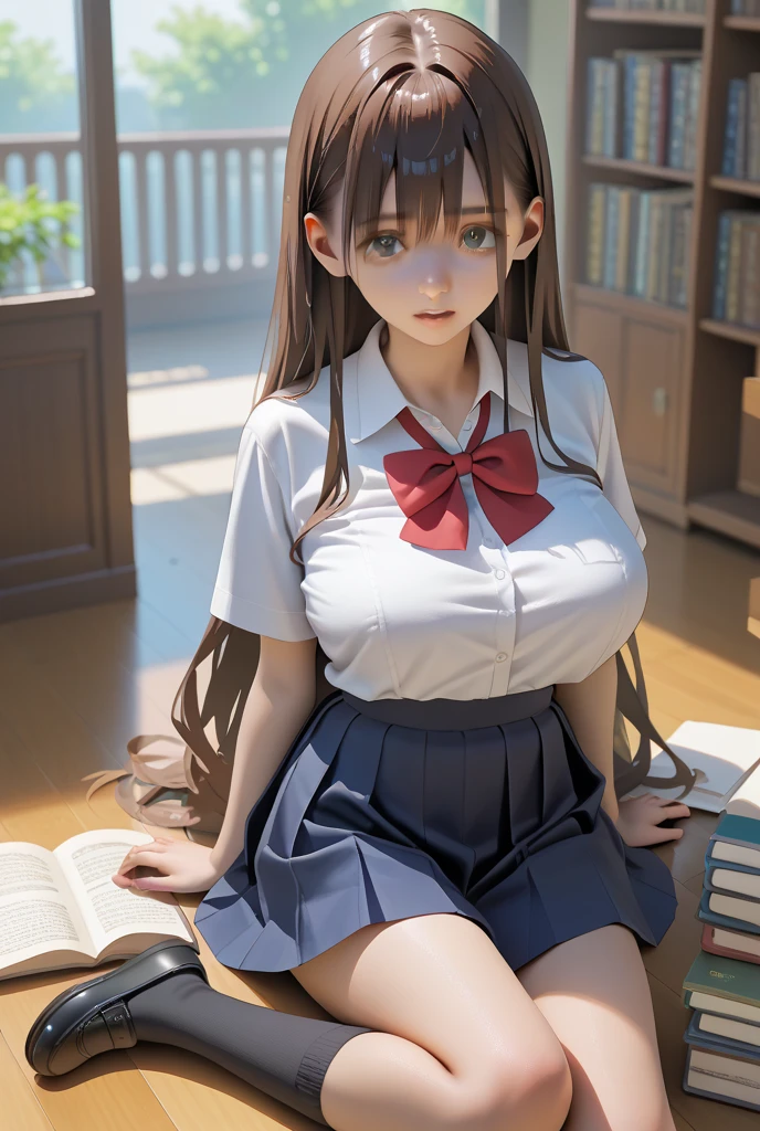(masterpiece, best quality, Hyper detailed, High detail:1.2),1girl, bangs, black_hair, blush, button_gap, huge_breasts, long_hair, looking_at_viewer, mole, purple_eyes, school_uniform, shirt, skirt, solo, sweat, (white_pantyhose:1.25),full body,(ulzzang-6500:0.9)
