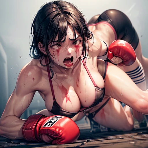 a beautiful young Japanese female fighter is raped in the octagon ring by opponent. She has been sexually violated by her opponent. sheTis lying down. she is in strong ecstasy. Orgasm. Short-cut black hair, out of breath, drooling from mouth, screaming, exhausted, drenched in sweat. Muscularity. Six-pack abs. Erect nipples.