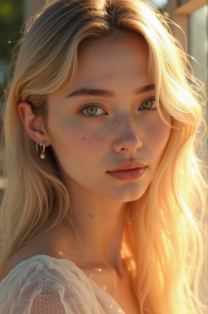 An 18-year-old woman with luminous, porcelain-like skin, brightening her entire face, has large, almond-shaped eyes that sparkle with innocence, a radiant, megawatt smile that seems to light up the surroundings, and an ethereal, gentle gaze that exudes kindness and warmth. Her golden blonde hair cascades down her back in luscious, silky locks, framing her heart-shaped face and accentuating her delicate features. Her skin has a subtle, peachy undertone, giving her an overall aura of health and vitality. Each strand of her hair is imbued with a subtle, sun-kissed highlight, as if kissed by the warm rays of the sun. Her eyebrows are perfectly shaped, adding a touch of sophistication to her angelic demeanor.