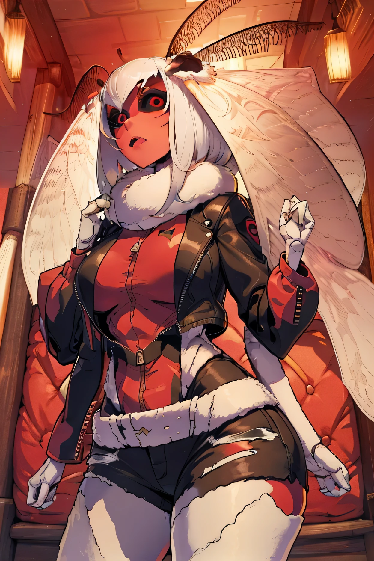Ultra-high-definition, super-detailed full-HD, ultra detail, high detailed digital anime art, fine details. anime,8k, masterpiece, hi-resolution, best quality, hi-res, Top Quality, High Quality, High Resolution, pretty, woman, moth girl, red eyes, extra arms, joints, black sclera, white hair, kinky hair, dark skin, moth wings, antennae, medium breasts, slender waist, bottom heavy, cowboy shot, black zipped up jacket, denim shorts, white leggings, white moth wings, looing at viewer, big rear, big hips thick thighs, four arms