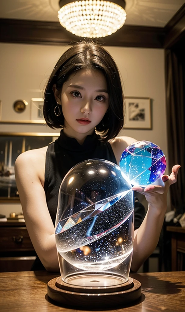 ((Highest quality、masterpiece、8K))、Anatomically correct、Very detailed、High resolution、Realistic、Beautiful white skin、((Beautiful, starry, almond-shaped, detailed eyes))、Well-formed nose bridge、Intricate details、Cinematic lighting、((Sit on a chair))、((Dark room without light))、(((The desk in front of me)))(((A large crystal ball on a desk)))(((Hold your right hand over the crystal ball)))、(((The left hand is a piece)))、(((A beautiful black dress that covers the neck)))、(((Smiling with visible canines)))