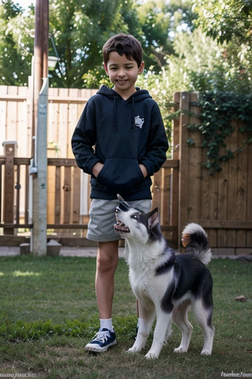 A very charming little boy with a backpack and her cute puppy (husky) enjoying a lovely spring outing surrounded by beautiful yellow flowers and nature. 4K resolution, HD, illustrations, very detailed, facial features, cartoons, visual effects.
