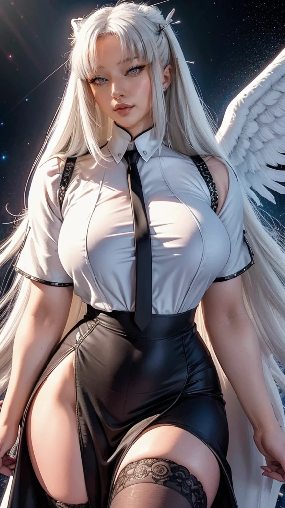 (ultra quality, 4k, 8k, high resolution, masterpiece: 1.2), ultra detailed, (realistic, photorealistic, photorealistic: 1.37) Hyperrealistic image of a young and beautiful woman, full body, big breasts, upturned nose, gray eyes, jeans, black sweatshirt, has angel wings, is smiling, has a ring of light over her head, the ring of light has pearl colors (candlelight, light dark) cyberpunk architecture, cinematographic atmosphere, hyperrealistic image, style photography Annie Leibovitz, ilya kuvshinov style, Semi-diffuse light, close-up, blur, 64k, UHD, HDR, (ultra quality), masterpiece, (intricate details), majestic, aesthetic