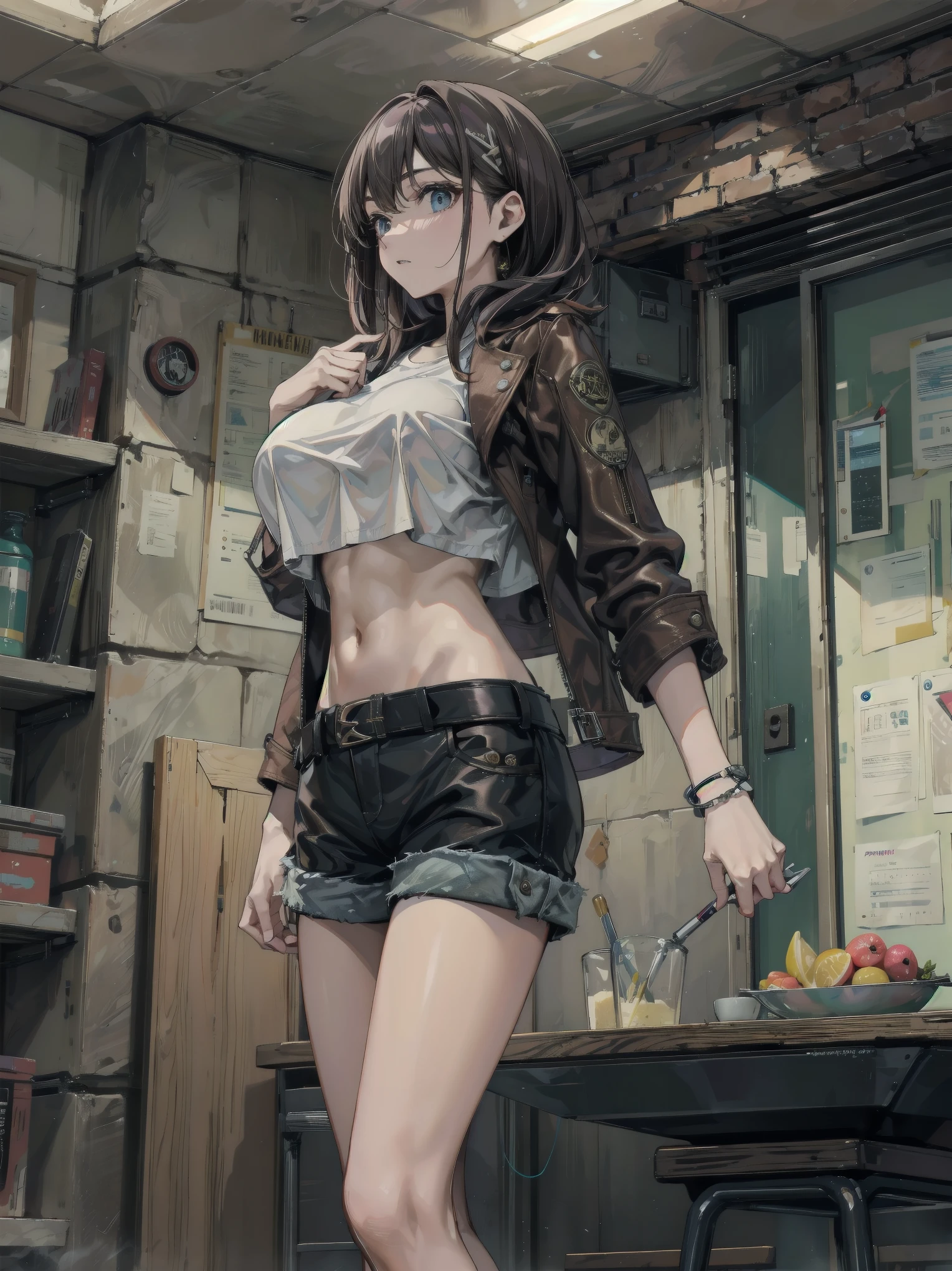 A 14 year old girl with dark brown hair, green eyes, open jeans jacket without pants and below a very sexy and exciting black bikini and a room in the background