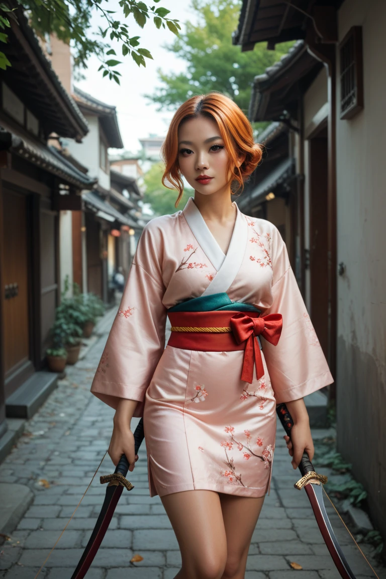 malay hijab ,wearing kimono,hold wood umbrella