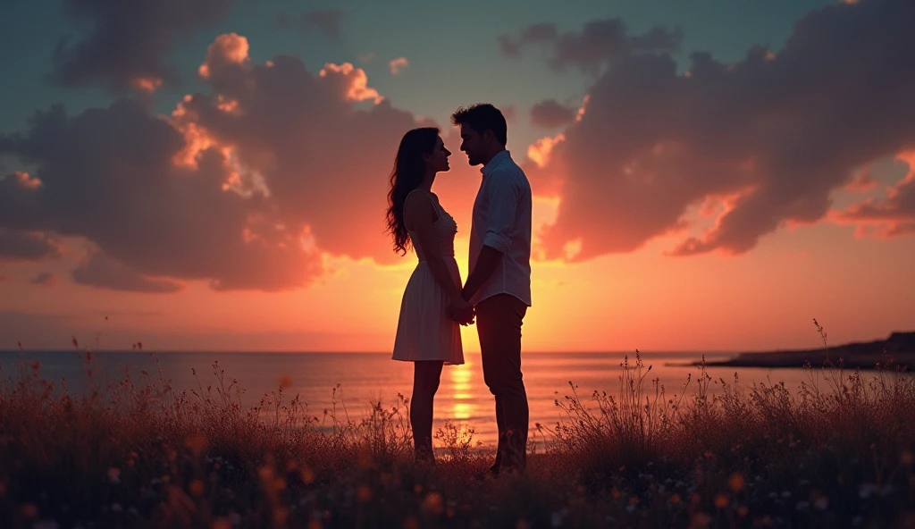 The two who found love。Get along well。The two of them set off towards tomorrow。The sky is beautiful。Photorealistic。High resolution。Beautiful silhouette。(1:6% of the time it's empty)