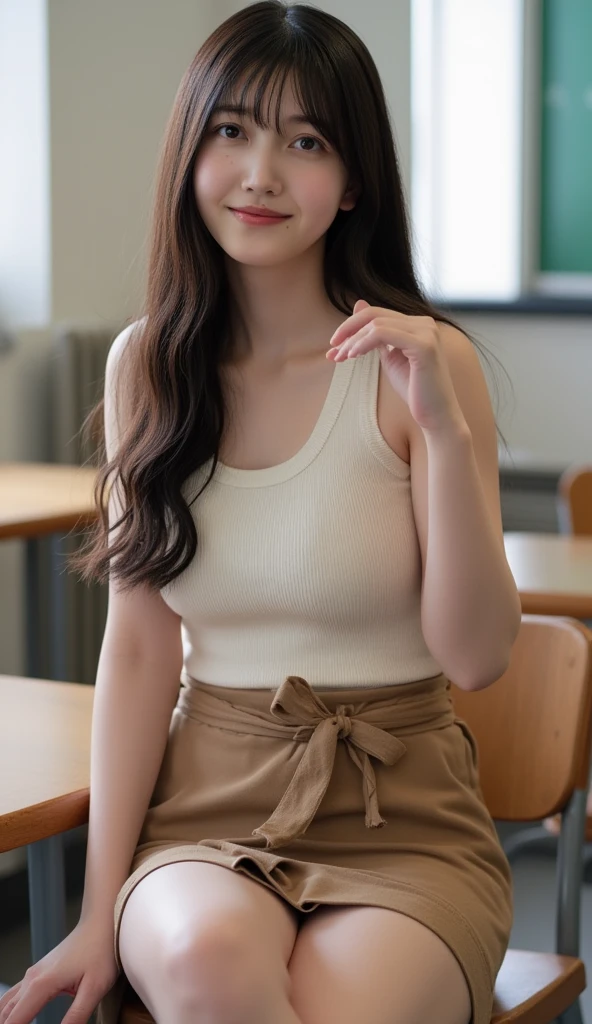 A filipina young girl, tanned skinned, baby face, long straight messy hair, random pose、top-quality、A high resolution、(Photorealsitic:1.5), seductive skirt、(Brown hair:1.2)、(flat chested:1.2)、Classroom、looking at viewert、a closeup、full body Esbian、Nasty eyes, seducing viewer