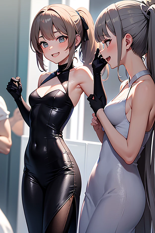 anime style girl with green eyes, skin-thight black dress, sensual body, short browrn hair and a seductive smile --auto