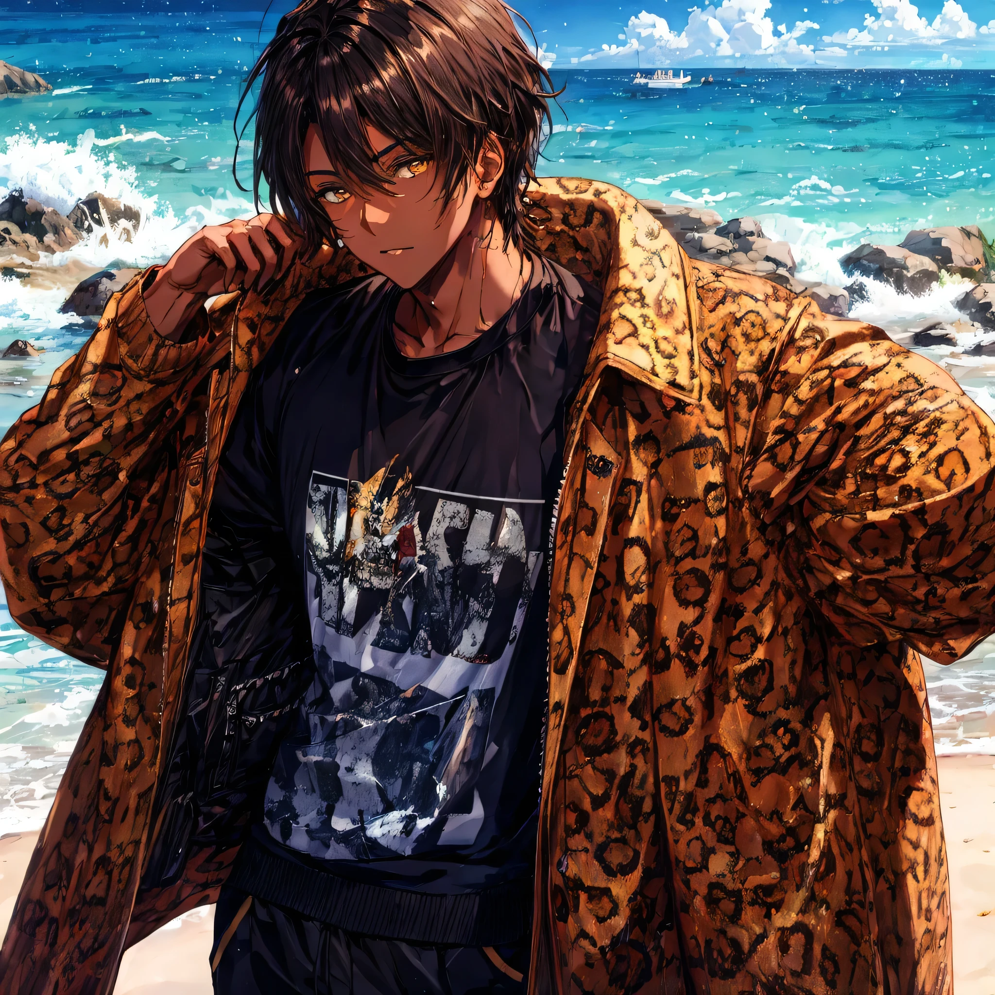One lean boy , Caramel Dark Skin , Streetwear Clothing, Leopard Print Overcoat, Baggy Clothing, Golden Eyes,Perfect Eyes, Beach Background, Solo, Amazing Quality