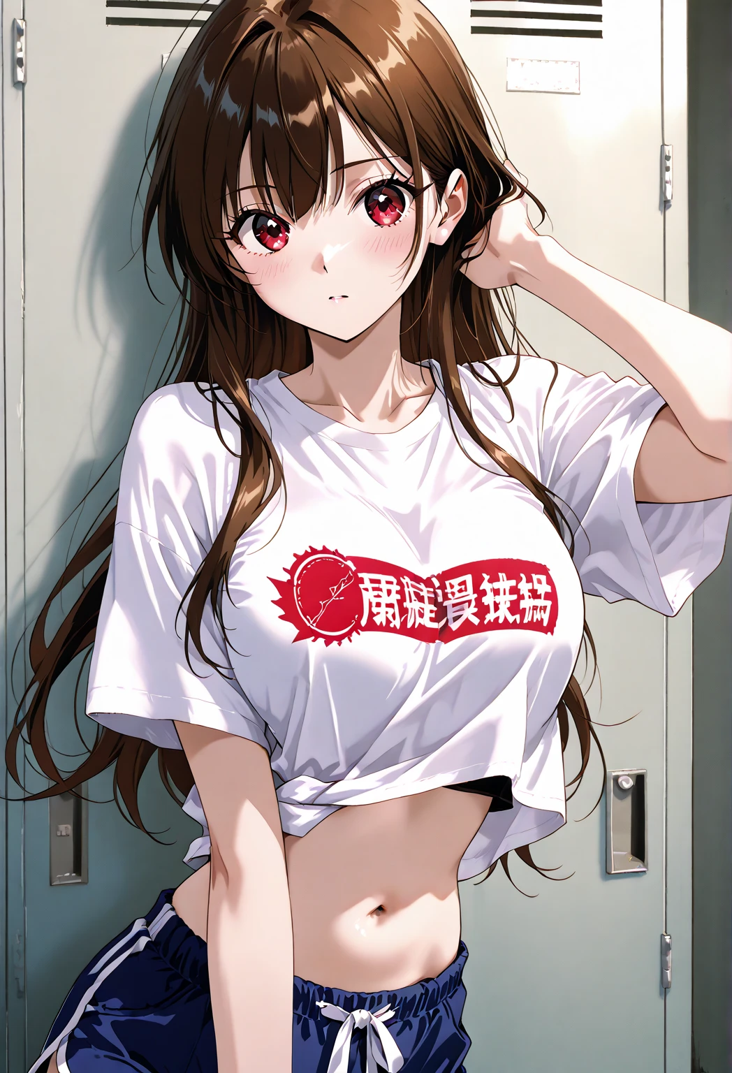 <lora:ChizuruIchinoseV1:0.7>, chizuru ichinose, 1girl, blue eyes, blush, brown hair, can, cellphone, cellphone charm, charm \(object\), jacket, long hair, long sleeves, looking at viewer, one side up, phone, red jacket, ruffling hair, shorts, simple background, sitting, soda can, solo, white background