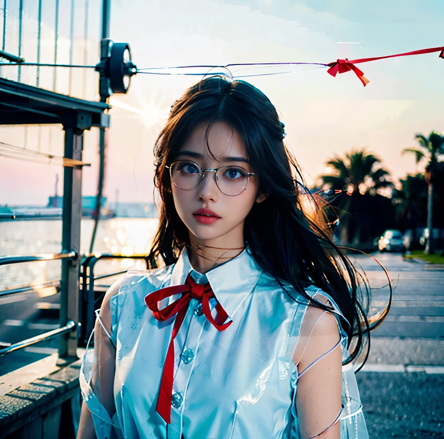 Little girl with black hair，Black frame glasses，Light blue shirt，Red Skirt，Black leather shoes，Holding a huge banana in his arms。