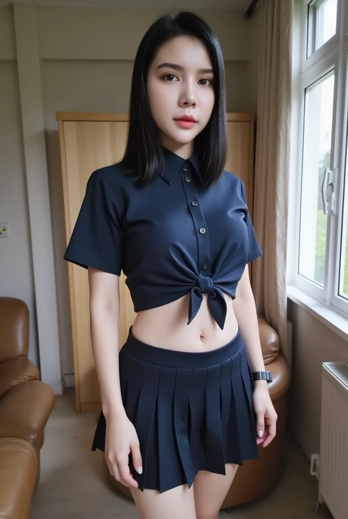 High resolution、high resolution、In 8K、RAW Photosgraphy、Highest quality、masterpiece、Tabletop、erotic、student、Light green Bra,White skin,knees,(Black Pantyhose),Detailed Panty Pattern、Panty Focus、Absurd,Small Face、Big Breasts、前hairを真ん中から分ける、The forehead is visible,(Cold look<eyeを細めて,Glare,strong,Light anger)、masterpiece,Highest quality、超High resolution,RAW Photos,Len,Beautiful poop,One person, solo,Glasses,,Dark look,Small breasts,whole body,Round Glasses、cute、JK ,high school girl,Japanese women,standing,(Photorealistic:1.37)、Photon Mapping,Light blue ribbon,Realistic、cute顔,茶色のeye、Black socks、18-year-old、(Red bow tie)、Radio City、物理ベースLenダリング、prospect、Depth of written boundary、Blurred Background、picture,Girls、body,Beautiful feet, Long legs, Thin legs,ponytail(前hairが見える), hair, Lips, green_eye, Nose Soft,(Light blue shirt), (Navy Pleated Skirt), kneesが見える,See-through clothing,, thigh, black cotton socks,Nogizaka idol, キラキラしたeye、Glossy Lips、