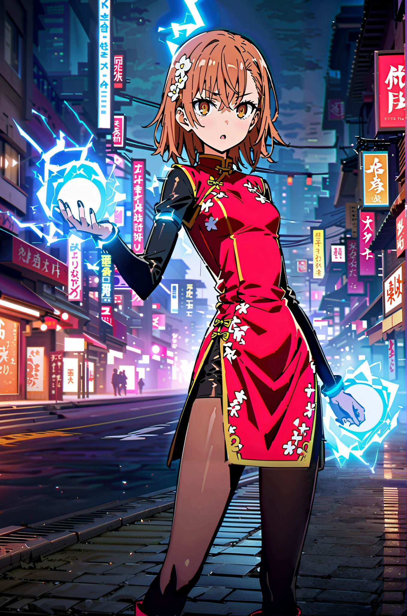 score_9, score_8_up, score_7_up, source_anime,
Mikoto and Misaka, Misaka Mikoto , short hair, black cock, hair ornament, hair flower, brown eyes,serious,open your mouth,electricity ,Superpowers(electricity ity),Electric current is emitted from the body ,cosplay, ,That's right., open your mouth, White Chinese clothing,Long slit,black pantyhose,boots,is standing, combat posture,full bodyがillustrationに入るように,break outdoors, Chinatown,
break looking at viewer,full body,
break (masterpiece:1.2), best quality, high resolution, Unity 8k Wallpaper, (illustration:0.8), (beautiful detailed eyes:1.6), very detailed face, so that it fits into the illustration, extremely detailed CG, (perfect hand, perfect anatomy),