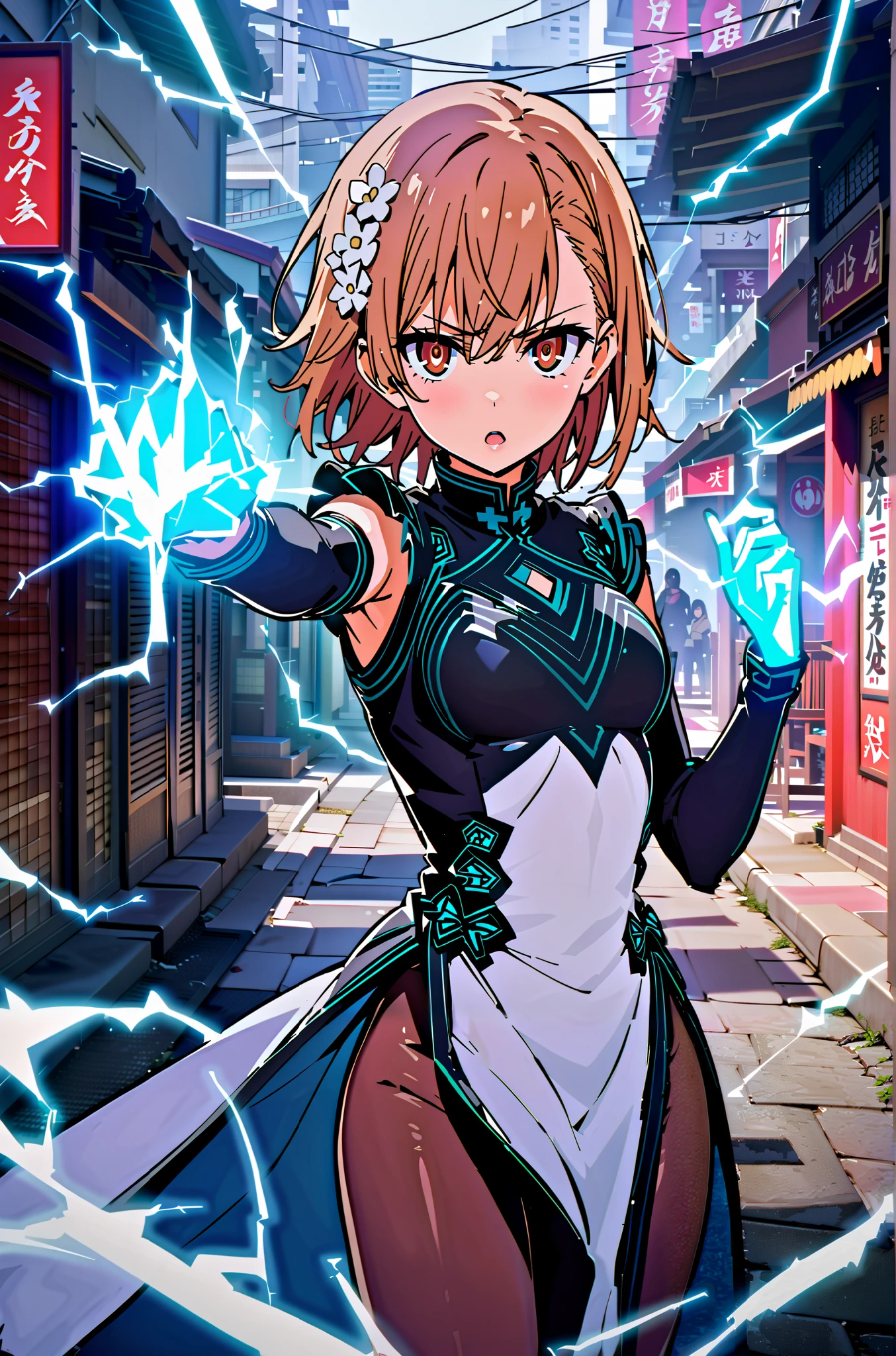 score_9, score_8_up, score_7_up, source_anime,
Mikoto and Misaka, Misaka Mikoto , short hair, black cock, hair ornament, hair flower, brown eyes,serious,open your mouth,electricity ,Superpowers(electricity ity),Electric current is emitted from the body ,cosplay, ,That's right., open your mouth, White Chinese clothing,Long slit,black pantyhose,boots,is standing, combat posture,full bodyがillustrationに入るように,break outdoors, Chinatown,
break looking at viewer,full body,
break (masterpiece:1.2), best quality, high resolution, Unity 8k Wallpaper, (illustration:0.8), (beautiful detailed eyes:1.6), very detailed face, so that it fits into the illustration, extremely detailed CG, (perfect hand, perfect anatomy),