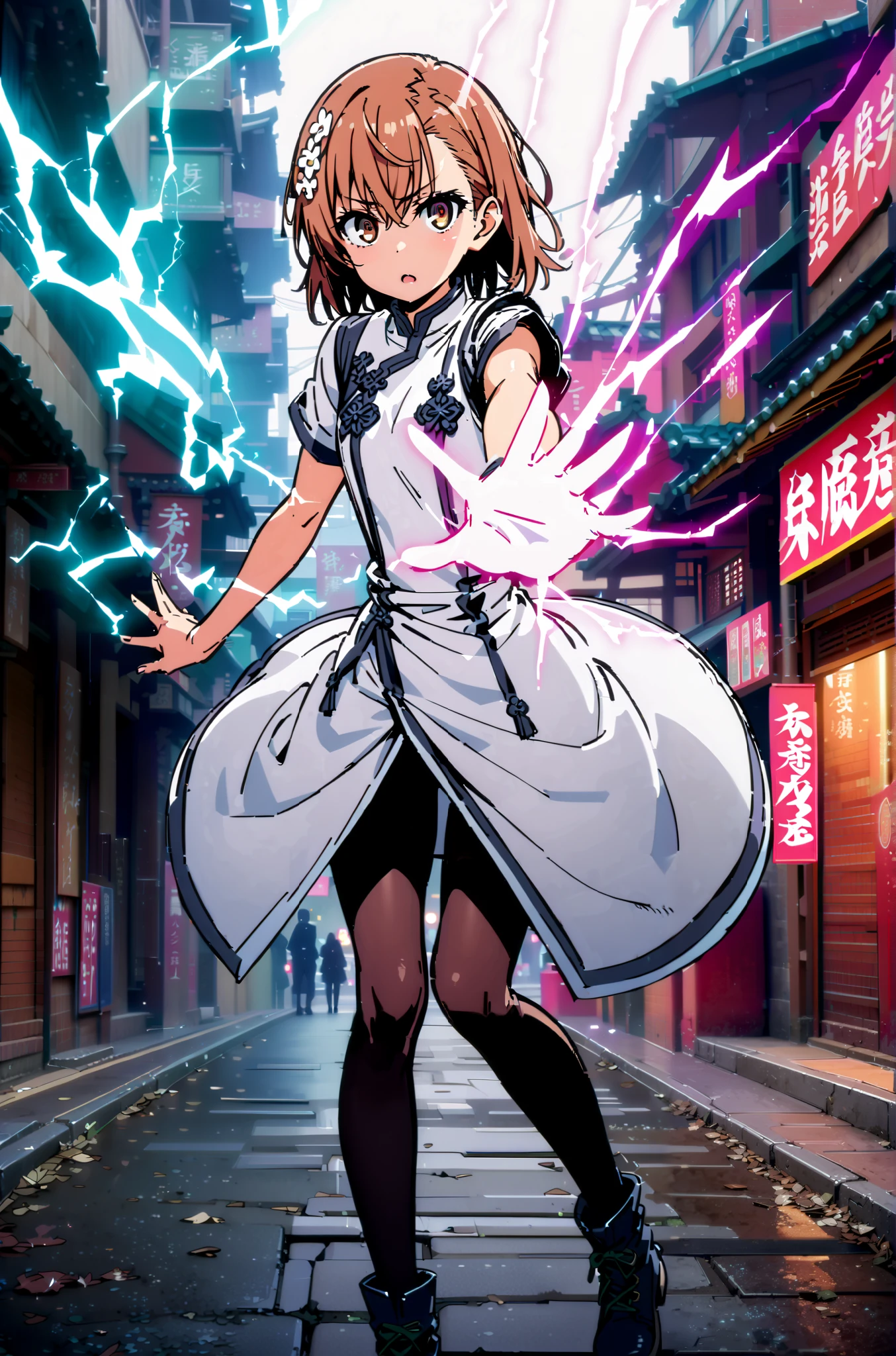 Mikoto and Misaka, Misaka Mikoto , short hair, black cock, hair ornament, hair flower, brown eyes,serious,open your mouth,electricity ,Superpowers(electricity ity),Electric current is emitted from the body ,cosplay, ,That's right., open your mouth, White Chinese clothing,Long slit,black pantyhose,boots,is standing, combat posture,full bodyがillustrationに入るように,break outdoors, Chinatown,
break looking at viewer,full body,
break (masterpiece:1.2), best quality, high resolution, Unity 8k Wallpaper, (illustration:0.8), (beautiful detailed eyes:1.6), very detailed face, so that it fits into the illustration, extremely detailed CG, (perfect hand, perfect anatomy),