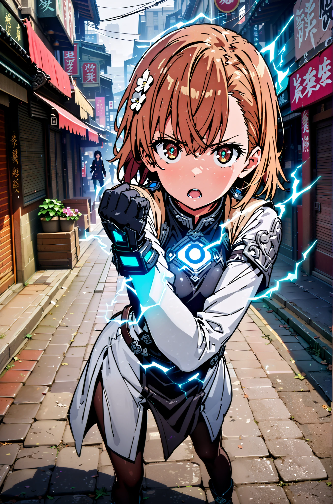 Mikoto and Misaka, Misaka Mikoto , short hair, black cock, hair ornament, hair flower, brown eyes,serious,open your mouth,electricity ,Superpowers(electricity ity),Electric current is emitted from the body ,cosplay, ,That's right., open your mouth, White Chinese clothing,Long slit,black pantyhose,boots,is standing, combat posture,full bodyがillustrationに入るように,break outdoors, Chinatown,
break looking at viewer,full body,
break (masterpiece:1.2), best quality, high resolution, Unity 8k Wallpaper, (illustration:0.8), (beautiful detailed eyes:1.6), very detailed face, so that it fits into the illustration, extremely detailed CG, (perfect hand, perfect anatomy),