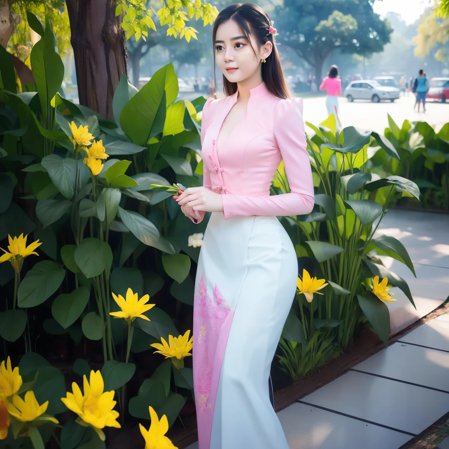 Master piece, 1 girls, solo, cinematic full light, in the park, elegant beauty, Myanmar causal, kmm, wearing kmm