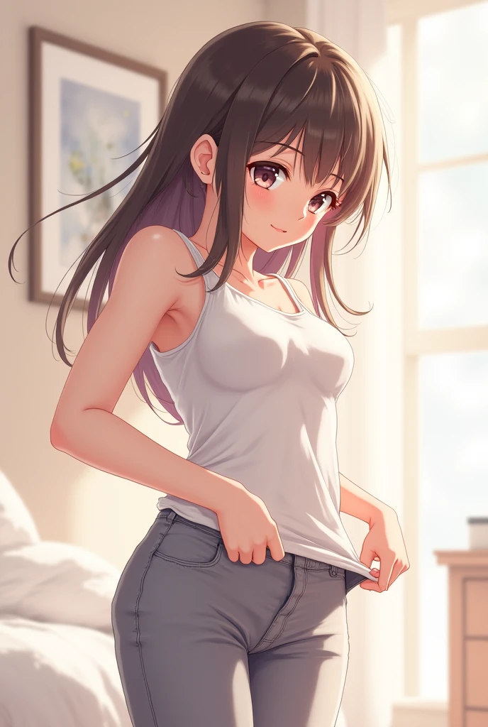Hentai girl in little clothes showing her butt grabbing it with her hands and looking shyly
