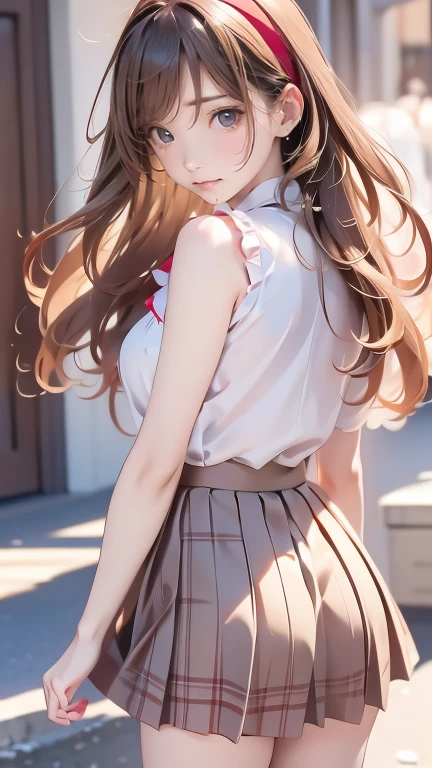 ((Tabletop, Highest quality, High resolution, Hmph, Pixel perfect, 4K, Hmph, Hmph))), One Girl, single, alone, Beauty、The whole body is visible、 ((Short Wavy Hair, bangs, Brown Hair)), ((Brown eyes, Beautiful eyelashes, Realistic eyes)), ((Detailed face, Blushing:1.2)), ((Smooth texture:0.75, Realistic texture:0.65, Realistic:1.1, Anime CG Style)), Medium chest, Dynamic Angle, Perfect body, ((Red bow tie, , , White shirt, Black Skirt, Checked skirt))、Station stairs、the wind is strong、Very embarrassing panic smile、looked back、I can see her ass sticking out in front of me........、Looking up from the bottom of the stairs、 (The wind blew up her skirt、Touch the skirt with both hands、、I can see the whole butt、Pink floral panties)、