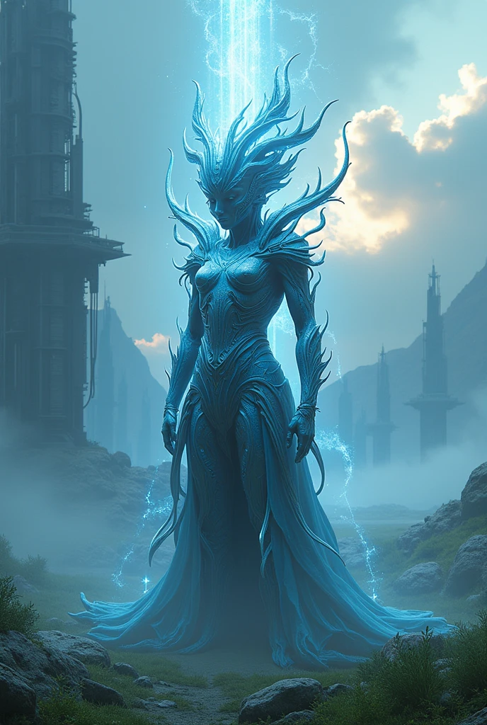 Dressed ((fur)) female alien, anthropomorphic avatar, three eyes, an eye in the middle of the forehead, cat ears, pointed beak, slender fingers, green flashing in the eyes, two hands, looking fierce, with a huge banyan tree, glittering, glowing plants in the background