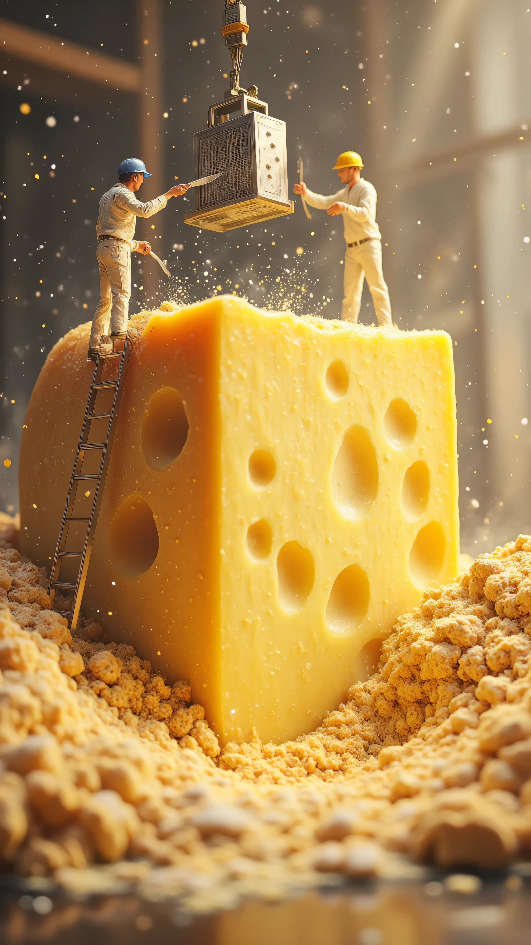 Microscopic dairy processing realism, 8K industrial-grade details: Giant cheese block with alveolate structure and lipid sheen, miniature workers operating folding ladders with specialized knives, overhead industrial grater suspended by crane, golden cheese powder dunes under cold lighting with floating lipid particles, surreal cheese production ecosystem