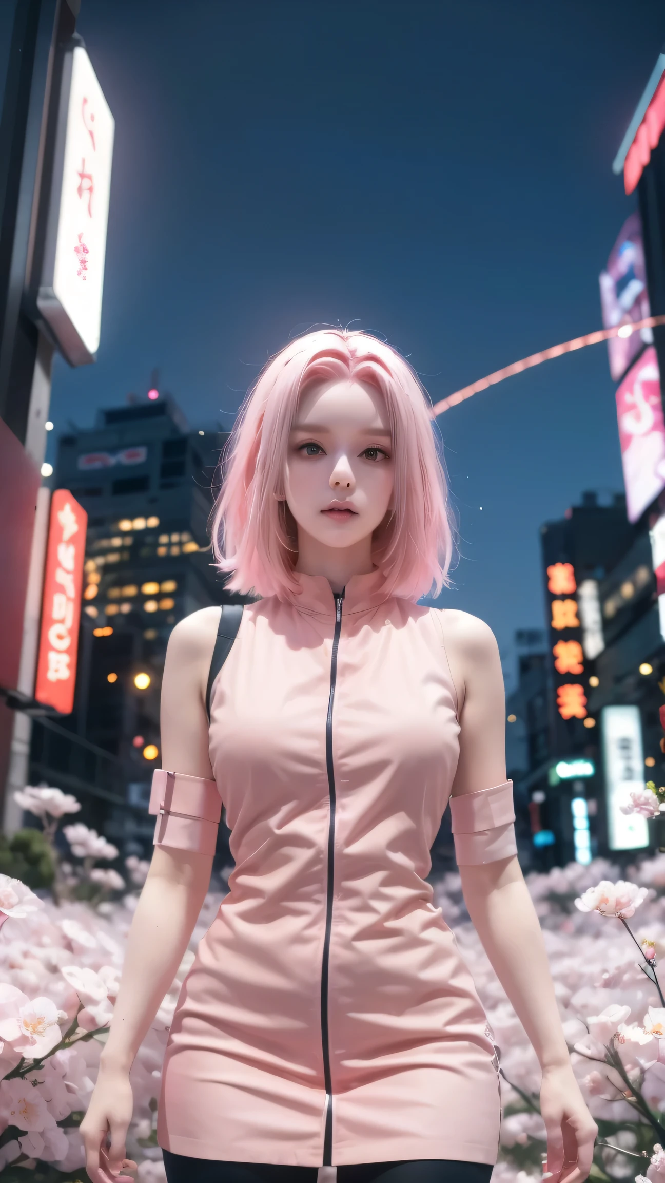 A Cyberpunk-style 《Naruto》Haruno Sakura standing in a holographic view of New Tokyo,Neon kanji on the other side of the world。Her long pink hair emits a bio-fluorescent-like streaming light,flickering in sync with falling digital petals,in a high-tech kimono with circuit lines,Pulsating soft blue light。images bloom on the skyline to capture the moment she reaches out and touches the suspended cherry blossom projection,ripples of pink data streams in the air。In the background,A huge holographic cherry blossom tree blooms on the city skyline,The roots of the tree are formed by a flowing LED screen。8K ultra-fine rendering,The cyber mechanical atmosphere incorporates traditional Japanese elements - the background is vaguely visible, red must be accompanied by a skeleton as energy armor。warm cherry blossoms The color contrasts dramatically with the cold neon blue,Light pollution creates a dreamy fog。preserve Kozakura's iconic pink hair(Increase the biofluorescence effect)and ninja traits, pulse circuit kimono、data flow petal、light pollution haze, uses pink(romantic),Future City(LED building/neon kanji)(big )