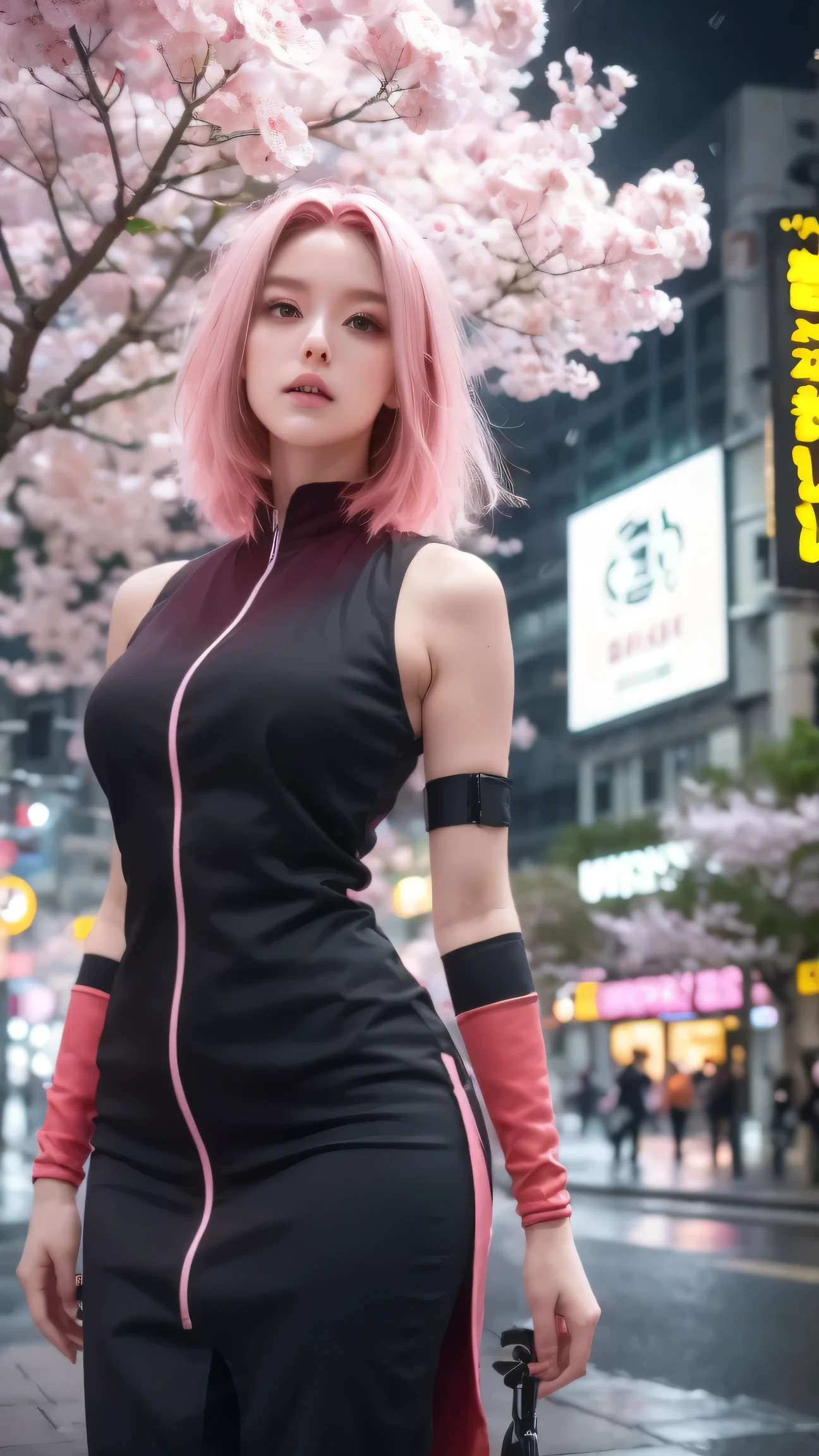 Cyberpunk-style Sakura Haruno from Naruto standing under a holographic cherry blossom rain in Neo-Tokyo, where towering skyscrapers are covered with neon kanji advertisements. Her pink hair glows with bioluminescent streaks that sync with the falling digital petals, wearing a high-tech kimono with circuit-like patterns that pulse with soft blue light. The scene captures the moment she reaches out to touch a cluster of floating sakura projections, causing ripples of pink data streams in the air. Behind her, massive holographic cherry trees bloom across the cityscape, their roots forming from cascading LED billboards. Ultra-detailed 8K render with cybernetic atmosphere, combining traditional Japanese elements with futuristic tech - glowing red susanoo skeleton faintly visible in the background as energy armor. Dramatic contrast between warm sakura tones and cold neon blues, with light pollution creating a dreamy haze.