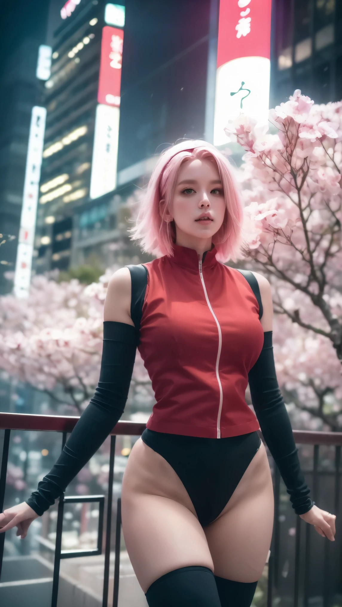 Cyberpunk-style Sakura Haruno from Naruto standing under a holographic cherry blossom rain in Neo-Tokyo, where towering skyscrapers are covered with neon kanji advertisements. Her pink hair glows with bioluminescent streaks that sync with the falling digital petals, wearing a high-tech kimono with circuit-like patterns that pulse with soft blue light. The scene captures the moment she reaches out to touch a cluster of floating sakura projections, causing ripples of pink data streams in the air. Behind her, massive holographic cherry trees bloom across the cityscape, their roots forming from cascading LED billboards. Ultra-detailed 8K render with cybernetic atmosphere, combining traditional Japanese elements with futuristic tech - glowing red susanoo skeleton faintly visible in the background as energy armor. Dramatic contrast between warm sakura tones and cold neon blues, with light pollution creating a dreamy haze.