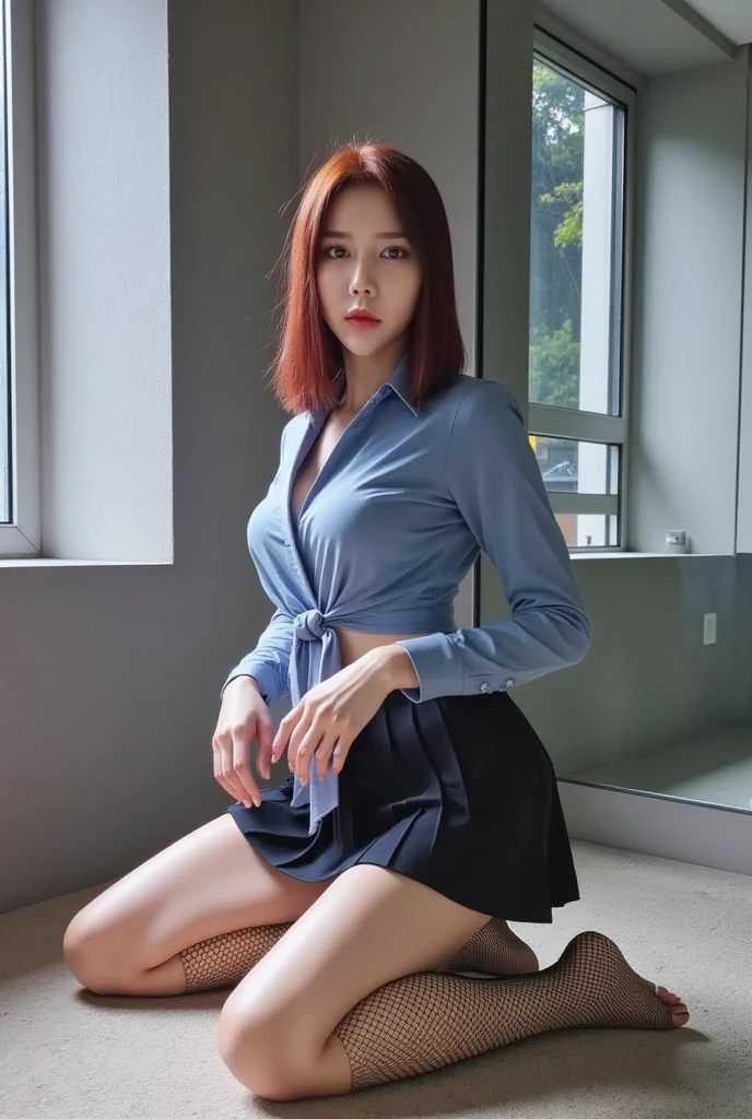 8k, Raw photo, highest quality, masterpiece:1.2), masterpiece, highest quality, figure, Very detailed, Fine details, High resolution, 8k,wallpaper, Perfect dynamic composition,(Detailed high quality, Realistic depiction of eyes:1.3)、A woman who has been and has her hands tied、Arms wrapped around his back, hands tie behind back, Sitting on a bed at night in a beautiful hotel、Outside the window is a night view、 With legs wide open、Tartan plaid pleated skirt、whole body、White panties、The whole thing faces forward、21talent、Beauty、Well-formed face、Make your eyes even、Beautiful black hair、Has bangedium build、Well-balanced proportions、Beautiful legs、Blue Short Sleeve Blouse、Fresh face、Beautiful scenery、
