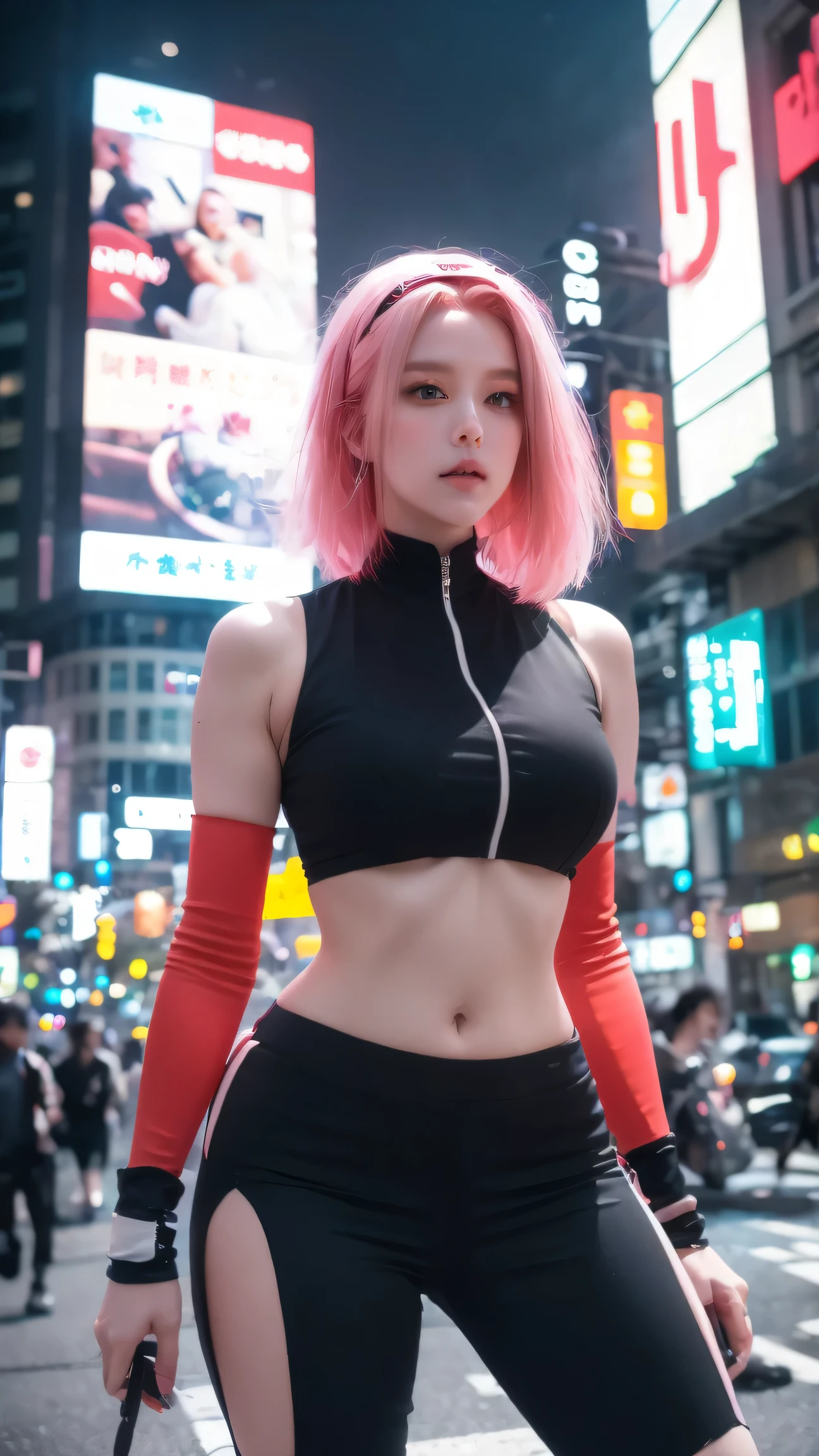 A Cyberpunk-style 《Naruto》Haruno Sakura standing in a holographic view of New Tokyo,with neon characters beating on the exterior wall of the skyscraper。Her long pink hair emits a bio-fluorescent-like streaming light,flickering in sync with falling digital petals,in a high-tech kimono with circuit lines,Pulsating soft blue light。images bloom on the skyline to capture the moment she reaches out and touches the suspended cherry blossom projection,ripples of pink data streams in the air。In the background,A huge holographic cherry blossom tree blooms on the city skyline,The roots of the tree are formed by a flowing LED screen。8K ultra-fine rendering,Combines traditional Japanese elements in the cyber-mechanical atmosphere - the background is vaguely visible, red must be supported by a skeleton as energy armor。The warm color of cherry blossoms contrasts dramatically with the cold neon blue,Light pollution creates a dreamy fog。