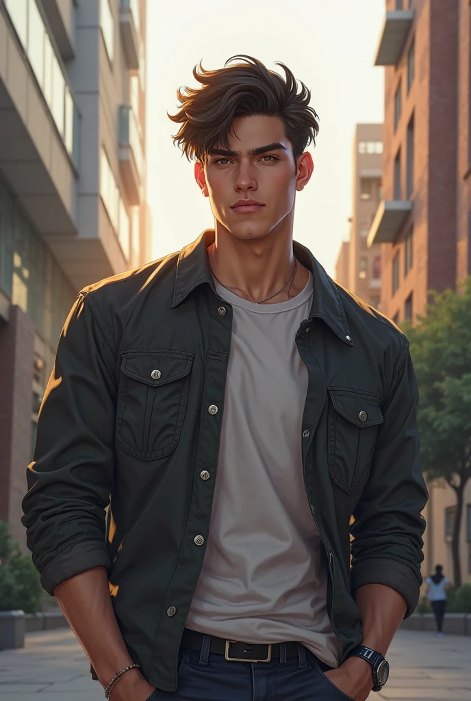 ((Best quality, 8k, Masterpiece: 1.3)), 1 an 18 year old Latino male, (Short black hair), Rebecca: 1.1, Ultra detailed face, detailed eyes, Wears a messy green shirt, netra jacket on top the shirt, seen with half the body, wooded background at night, green eyes, A dark night with a full moon, Very detailed eyes, Male.